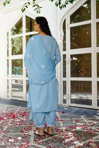 Blue embroided suit set with printed pants and dupatta