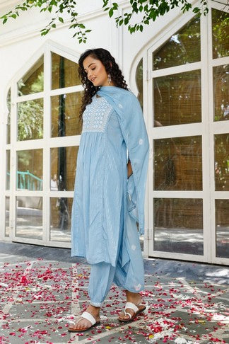 Blue embroided suit set with printed pants and dupatta