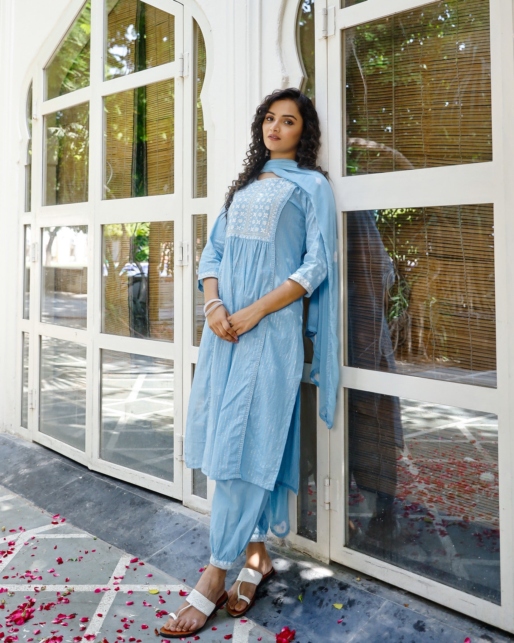 Blue embroided suit set with printed pants and dupatta