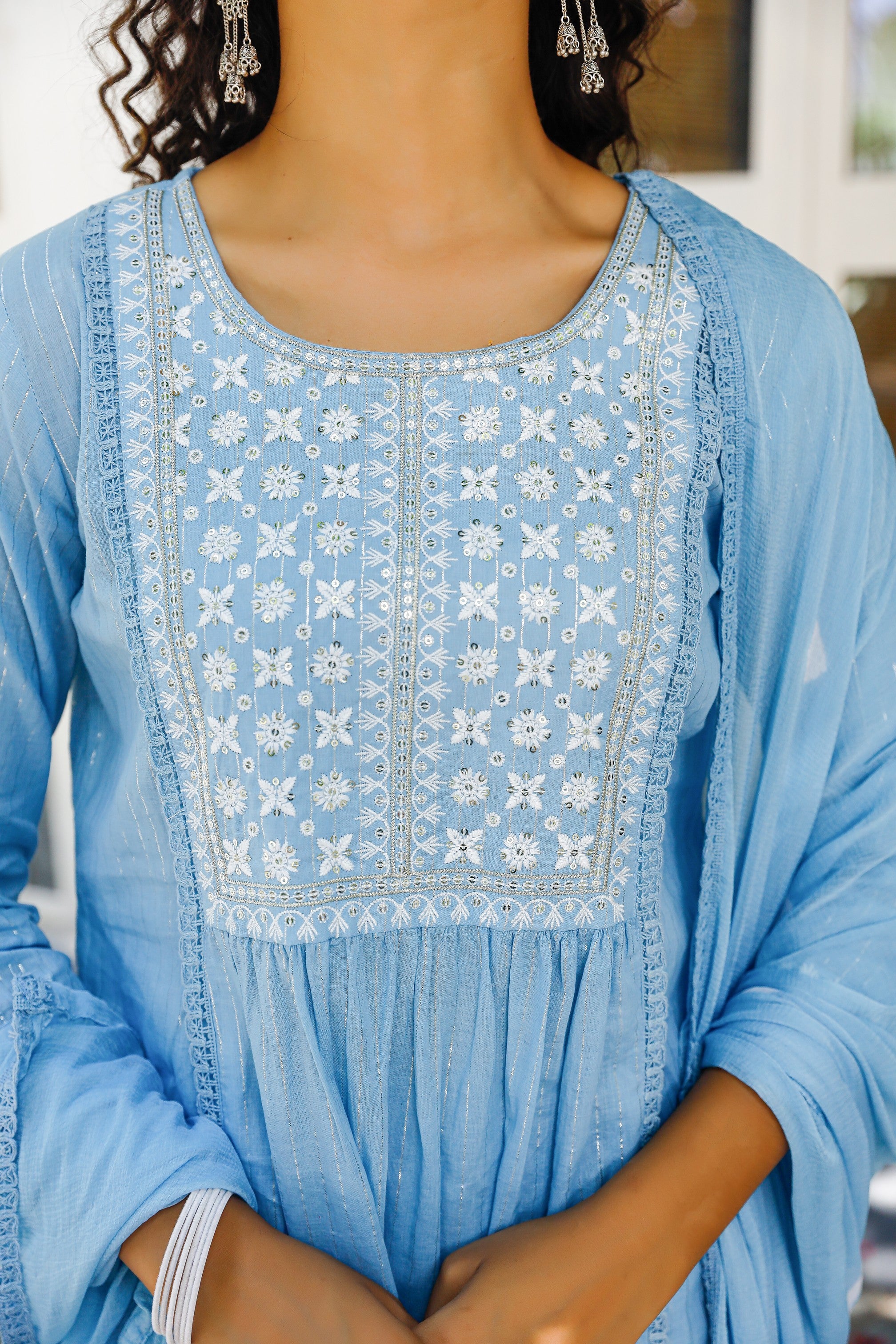 Blue embroided suit set with printed pants and dupatta