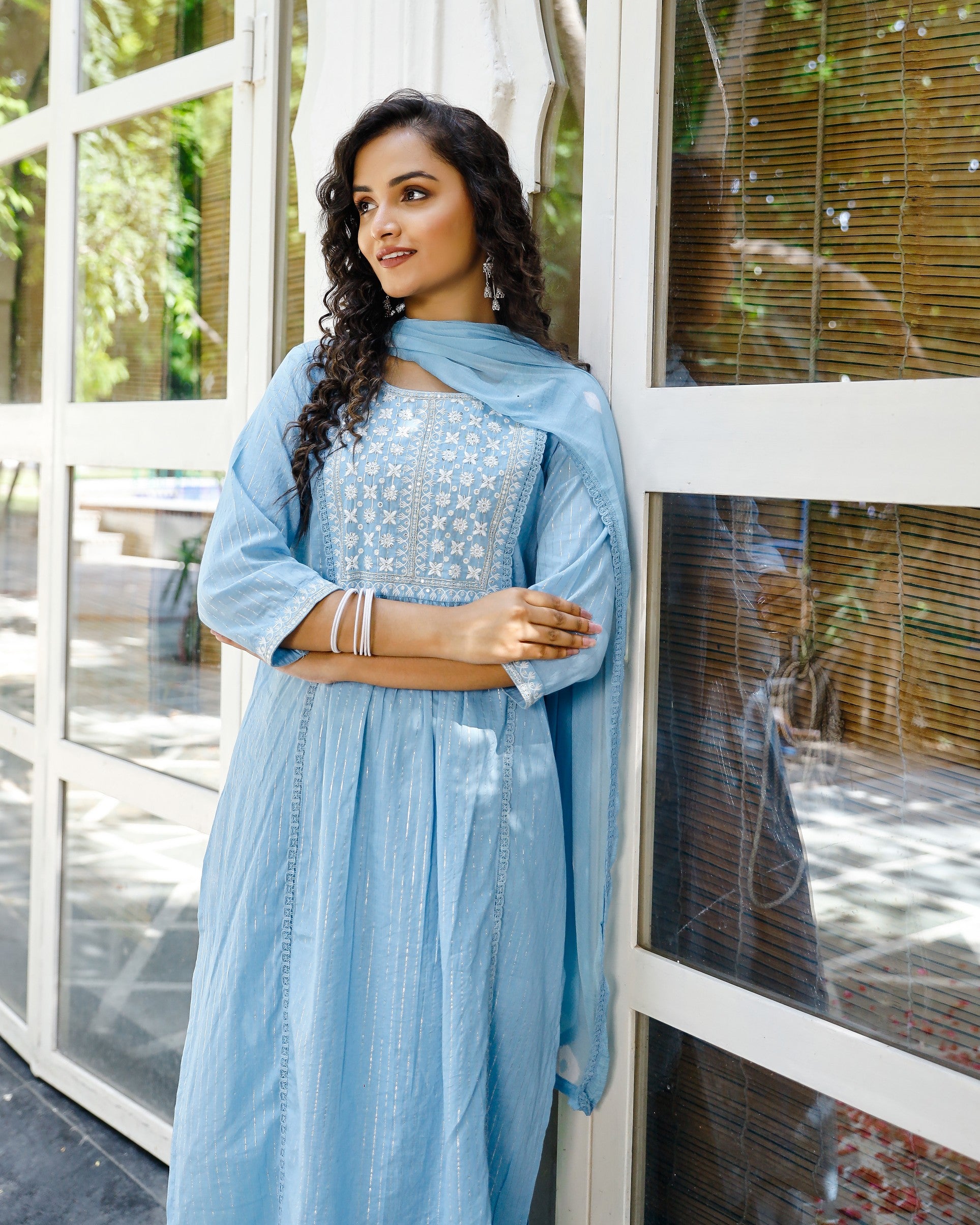 Blue embroided suit set with printed pants and dupatta