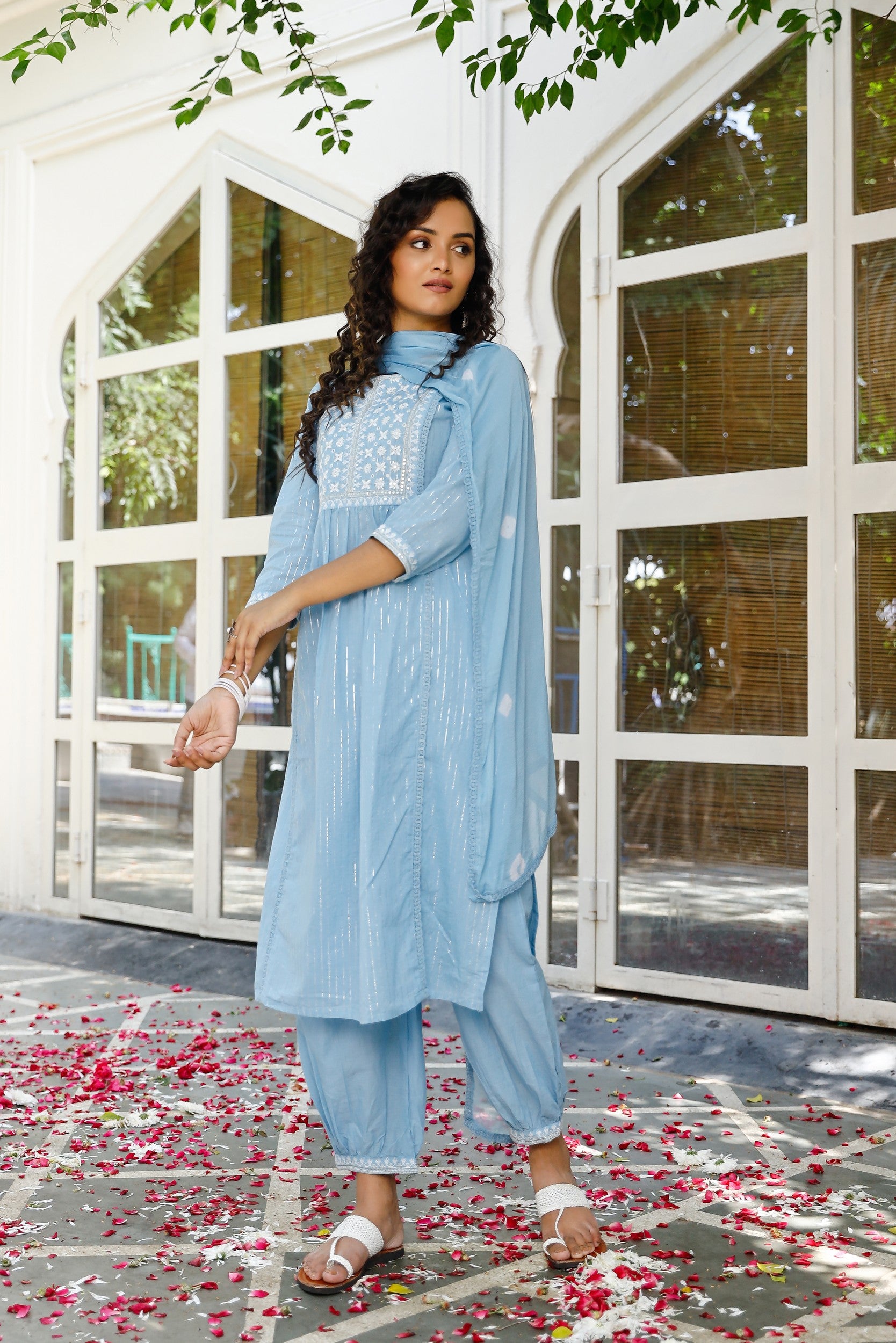 Blue embroided suit set with printed pants and dupatta