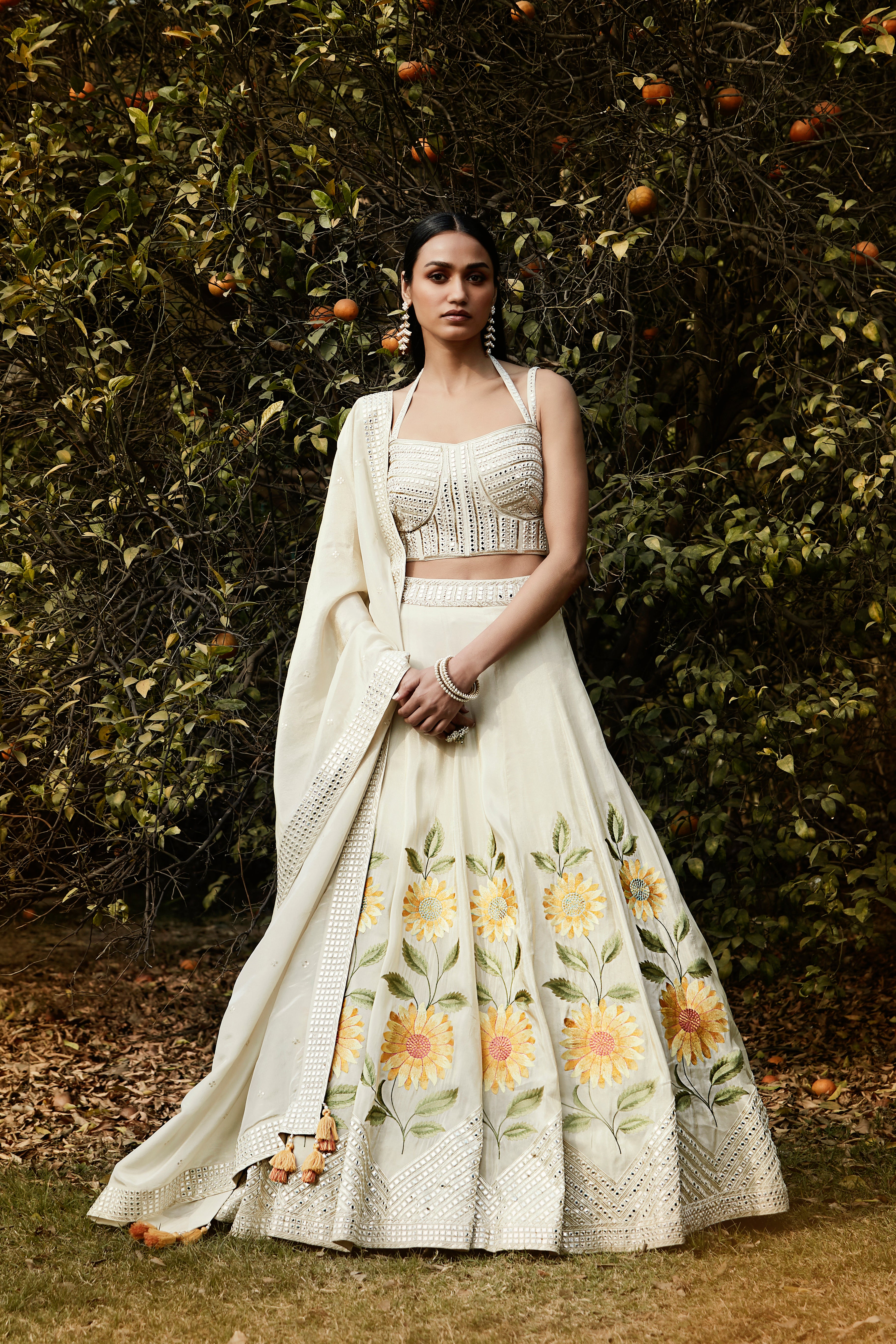 Ivory Sunflower Embroidered Lehenga