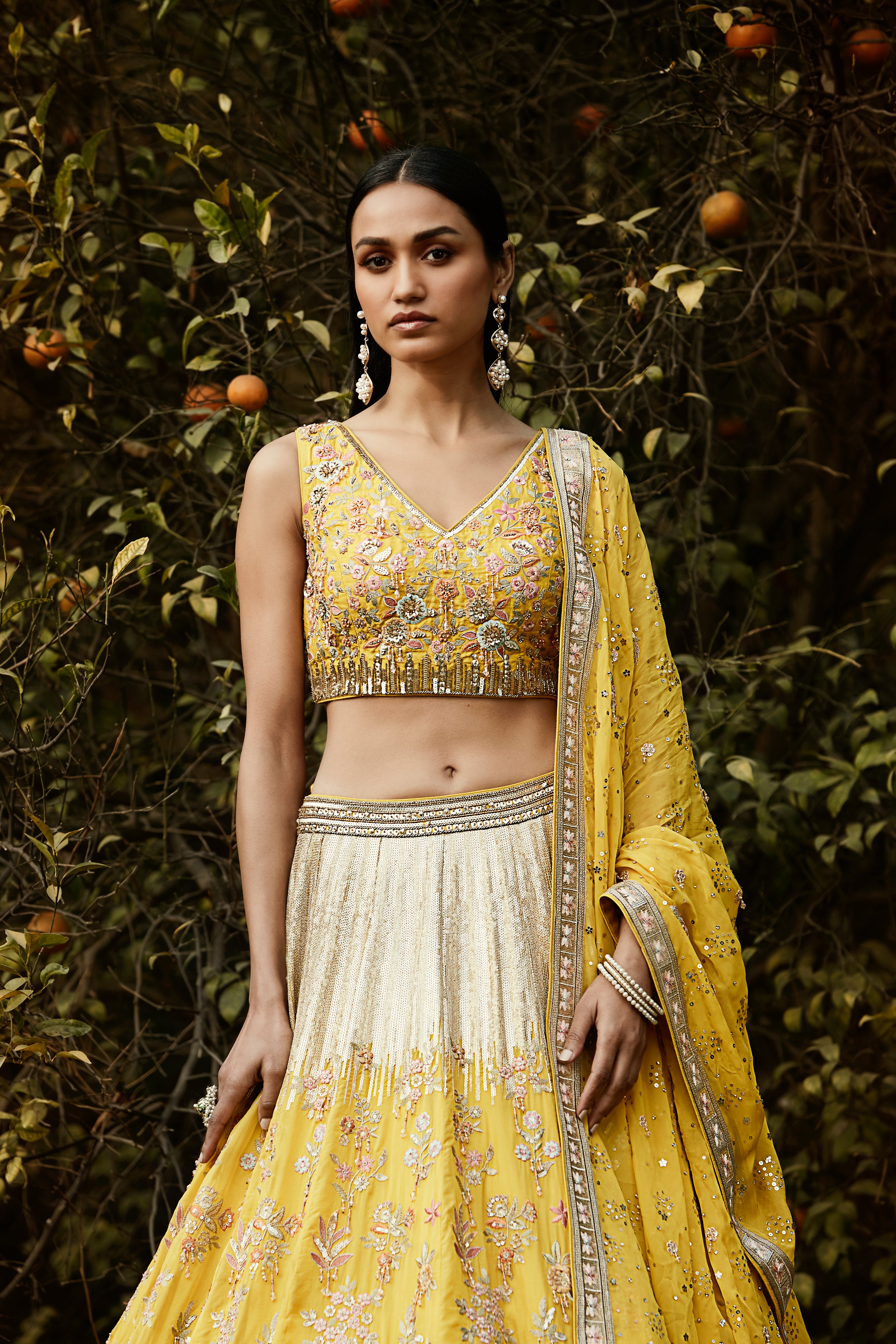 Yellow Hand Embroidered Lehenga Set