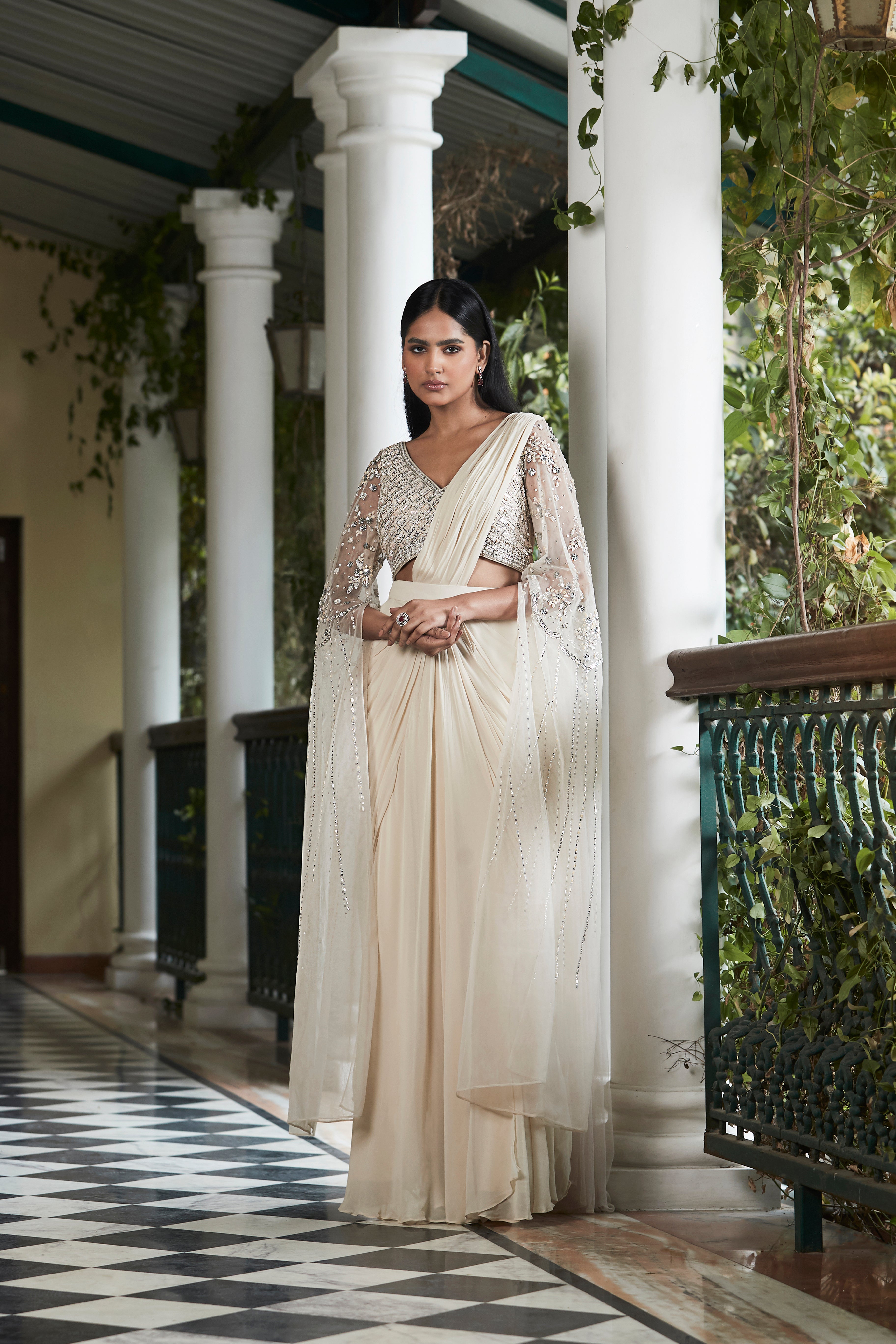 Ecru Pre Draped Embroidered Saree