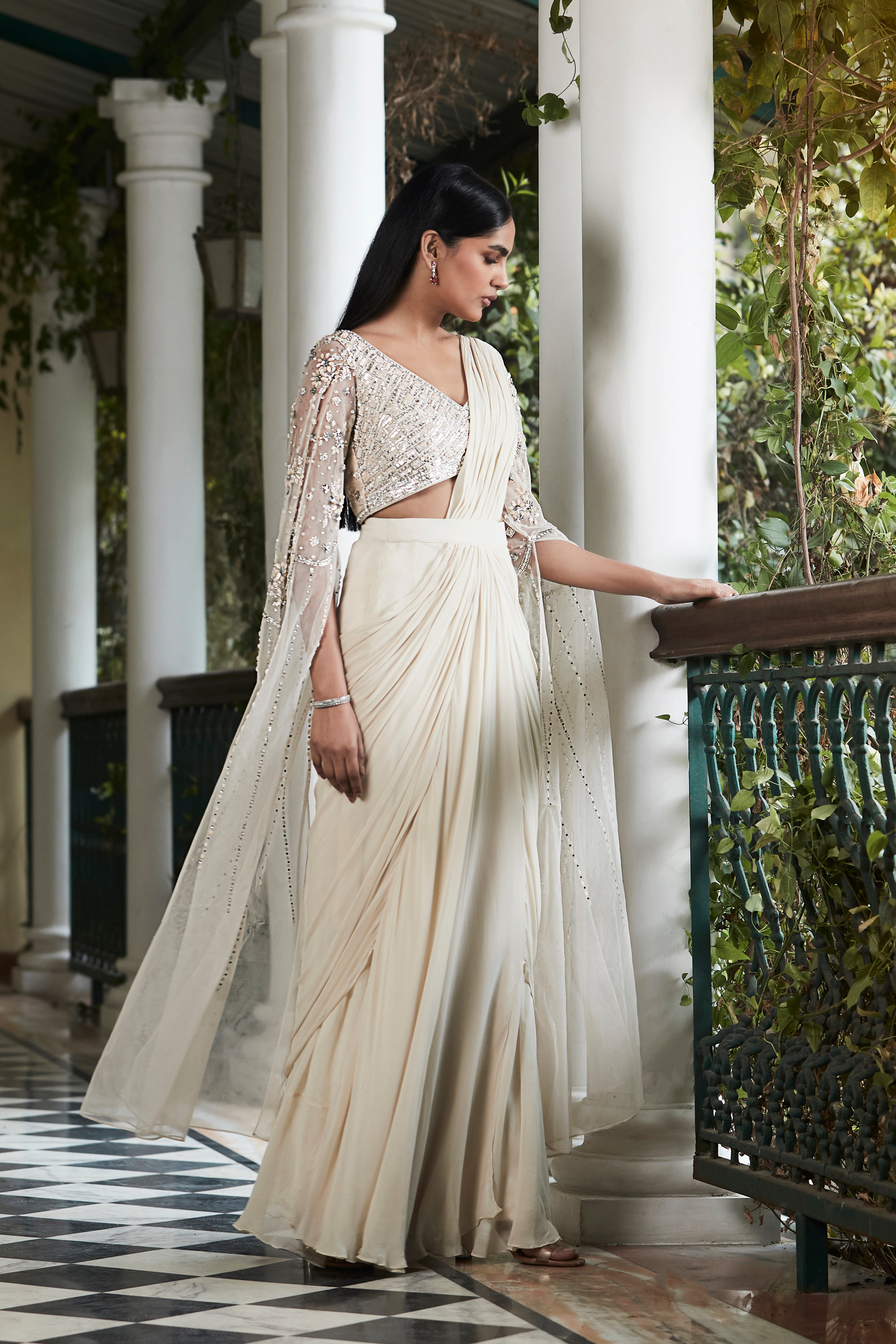 Ecru Pre Draped Embroidered Saree