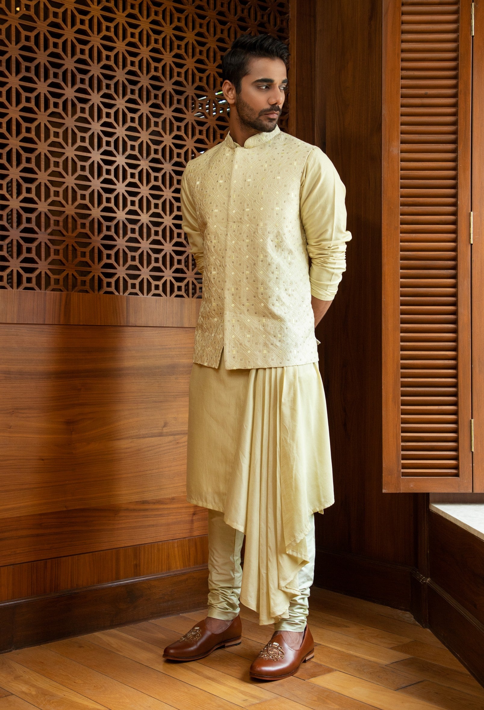 Pale green hand Embroidered Bandi with draped kurta set