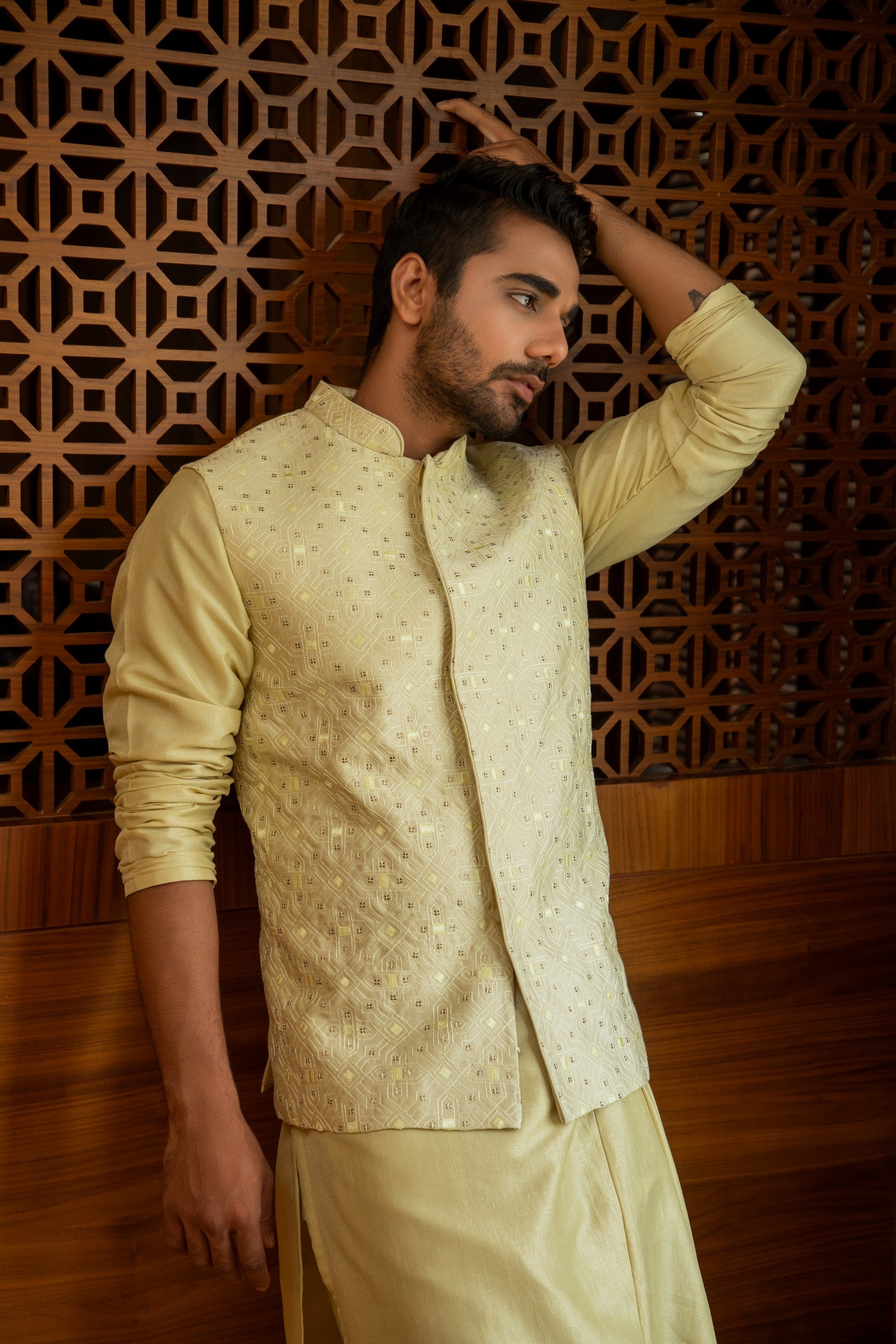 Pale green hand Embroidered Bandi with draped kurta set