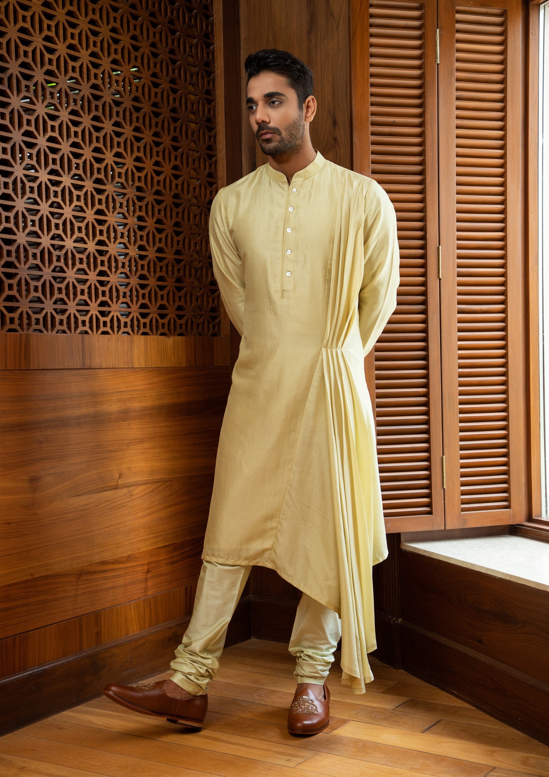 Pale green hand Embroidered Bandi with draped kurta set