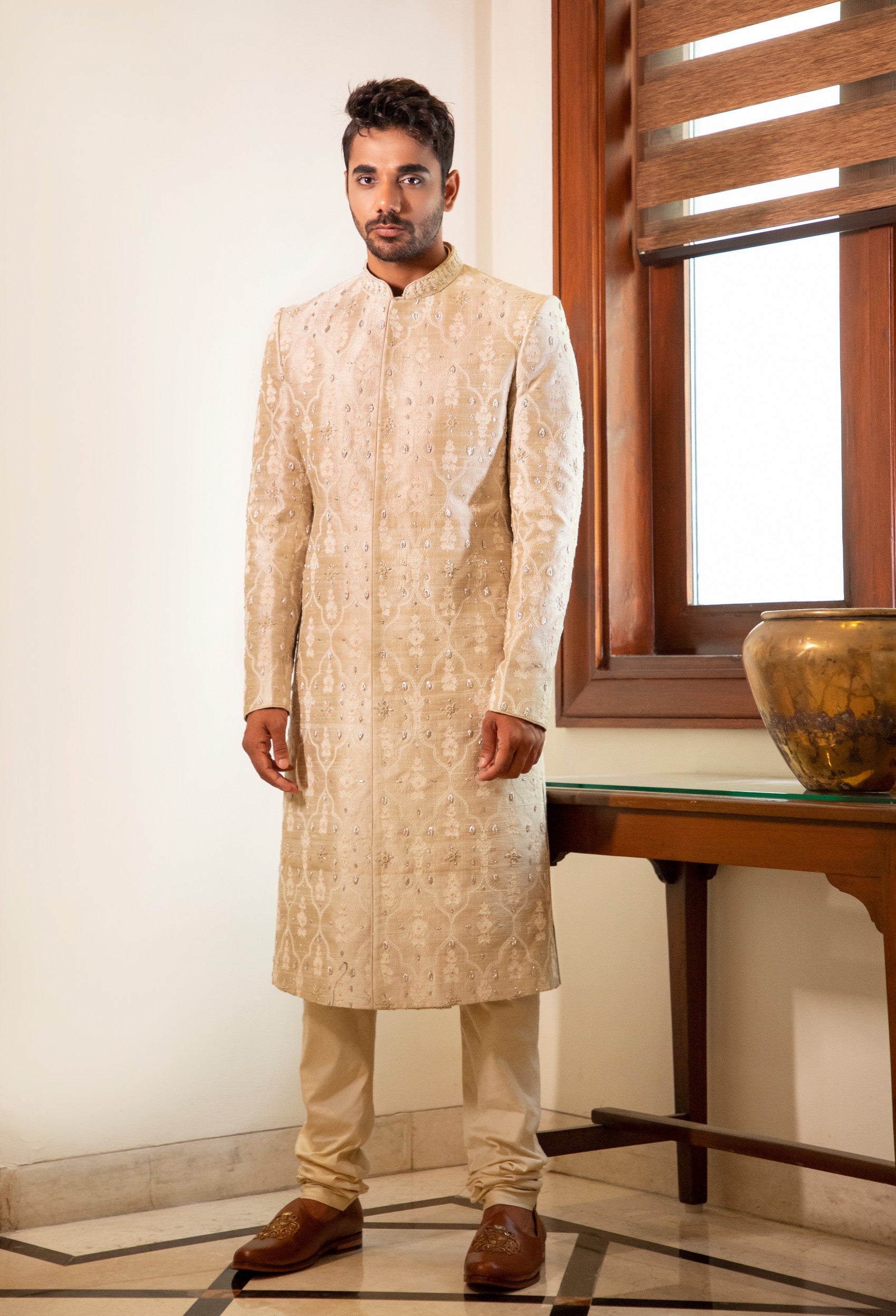 Pearl Hand Embroidered Sherwani with Kurta Set