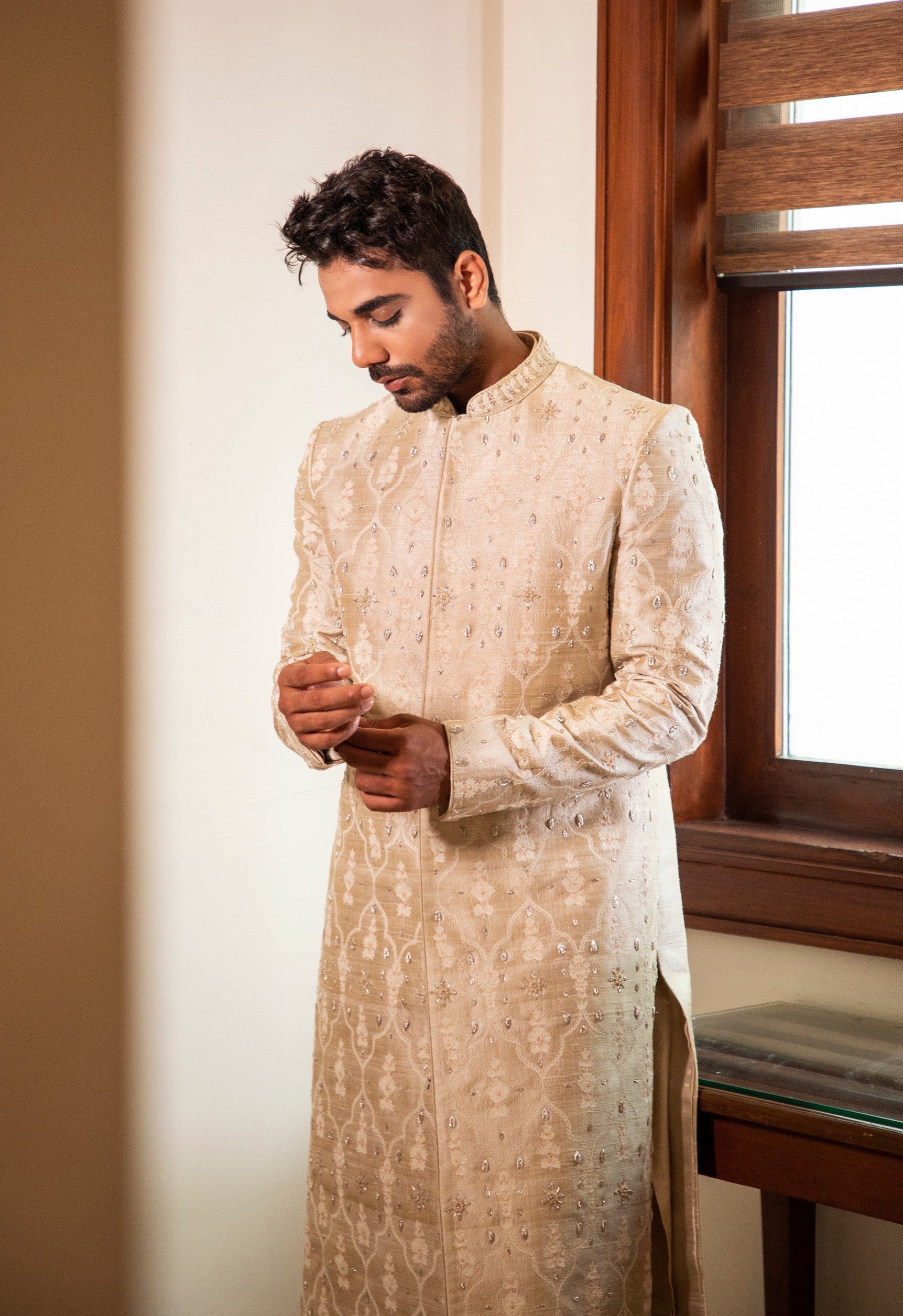 Pearl Hand Embroidered Sherwani with Kurta Set