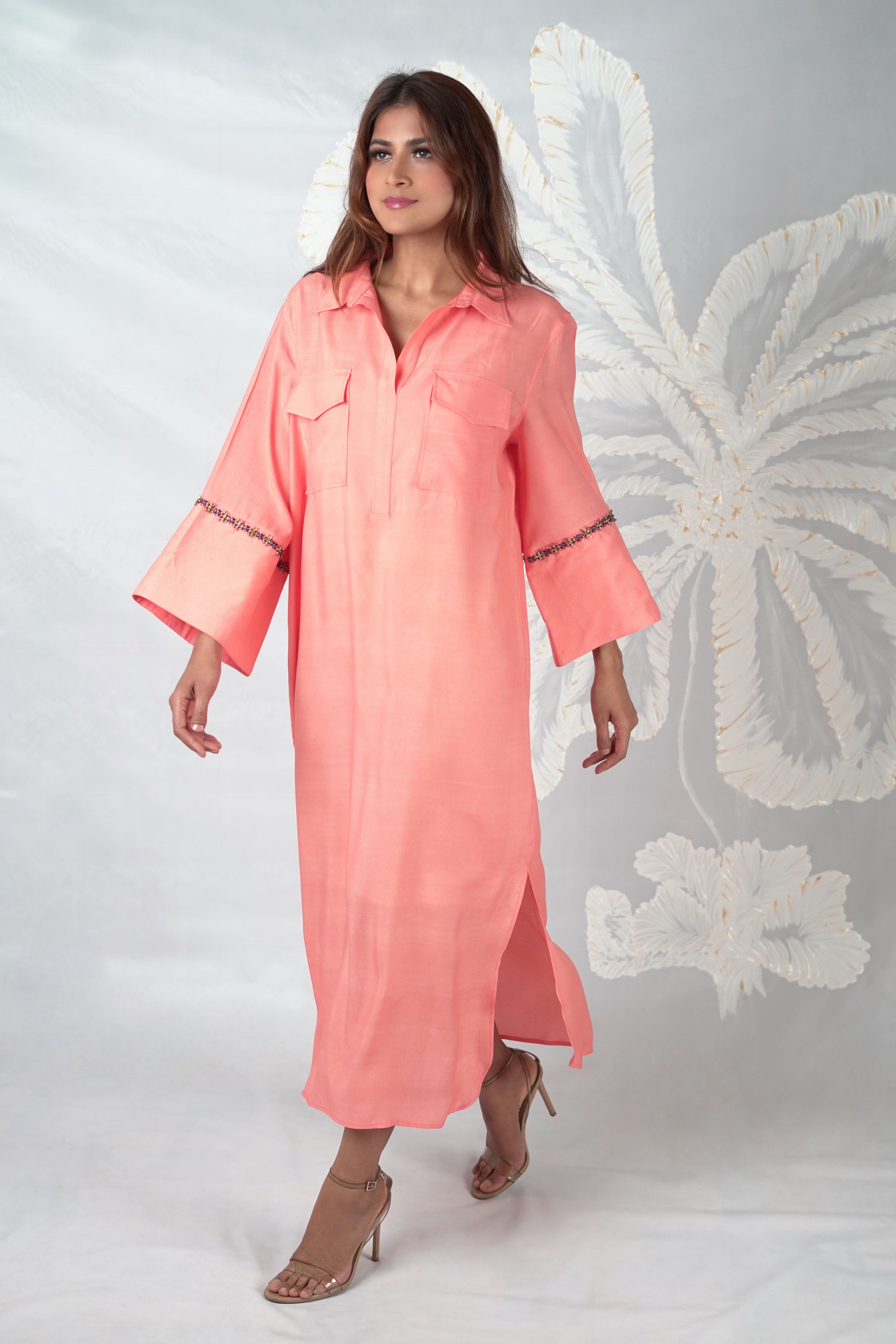 MIRA PAPAYA EMBROIDERED LONG DRESS