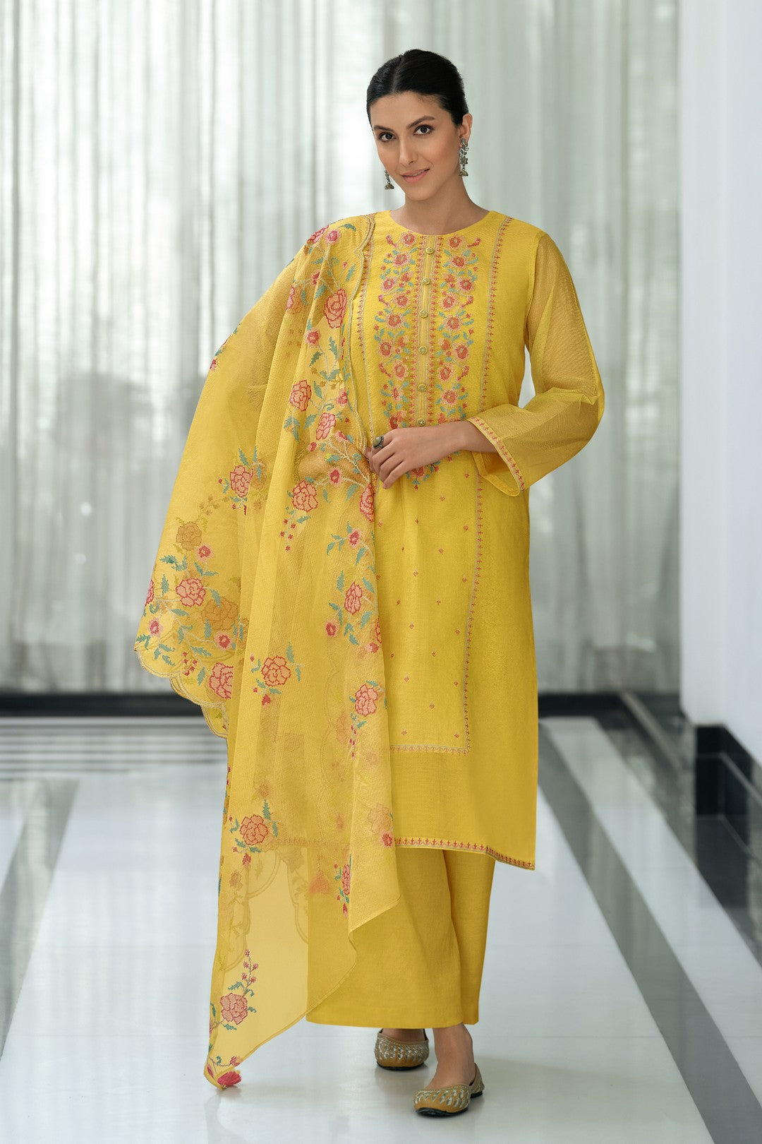 Bright yellow embroidered kurta set