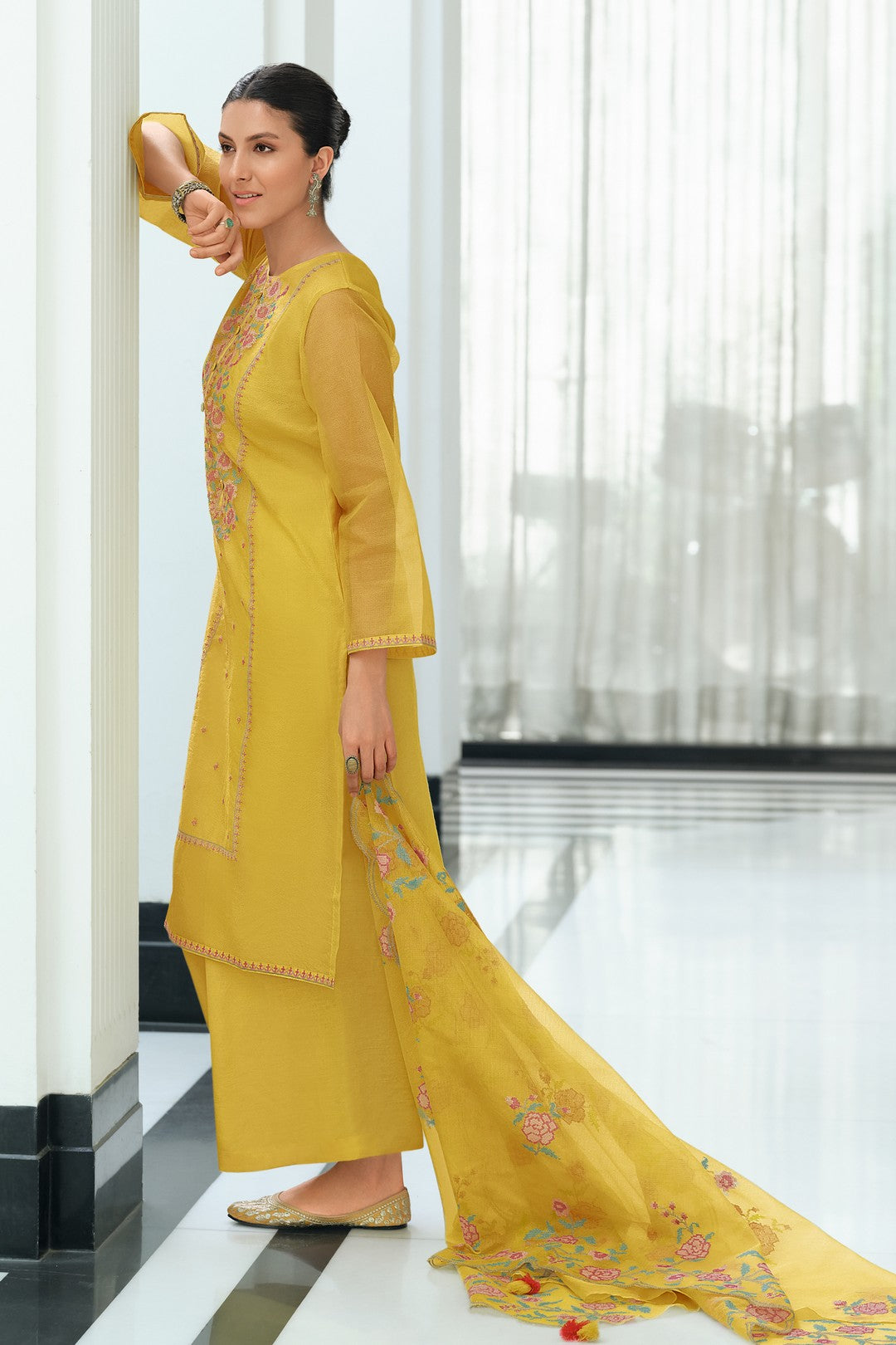 Bright yellow embroidered kurta set