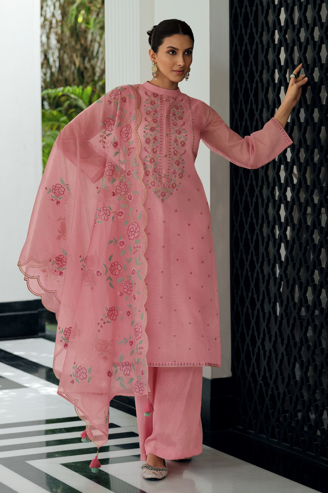 Salmon pink embroidered kurta set