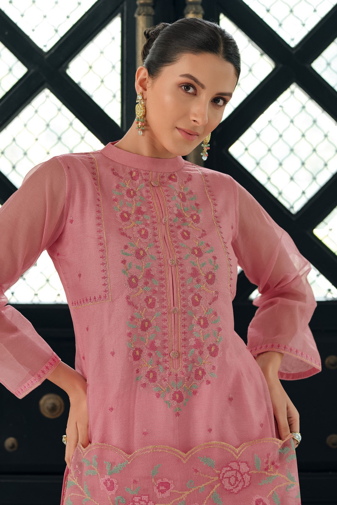 Salmon pink embroidered kurta set