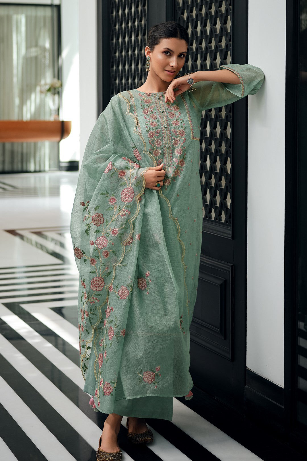 Mint green embroidered kurta set