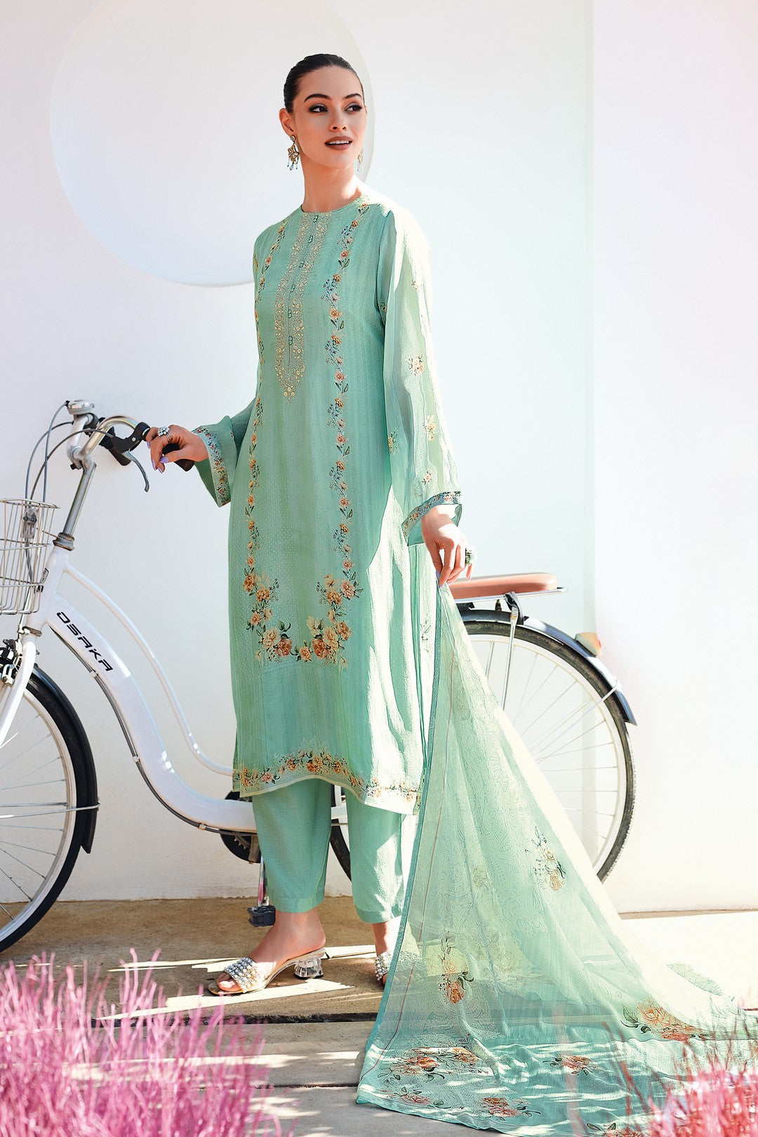 Seafoam printed kurta set with handwork