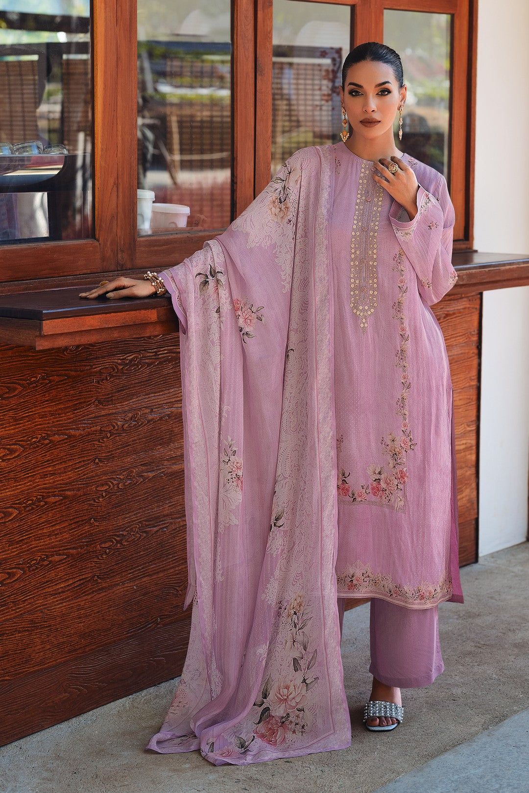 Lilac printed kurta set with handwork