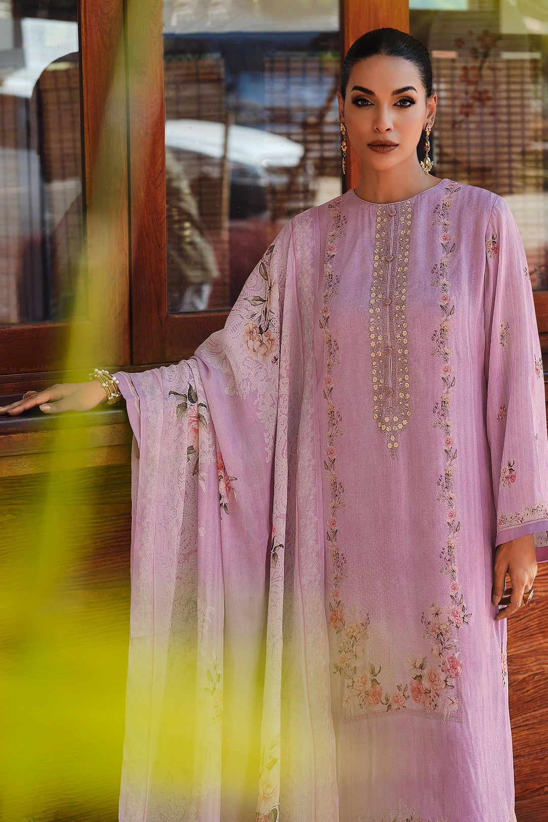 Lilac printed kurta set with handwork