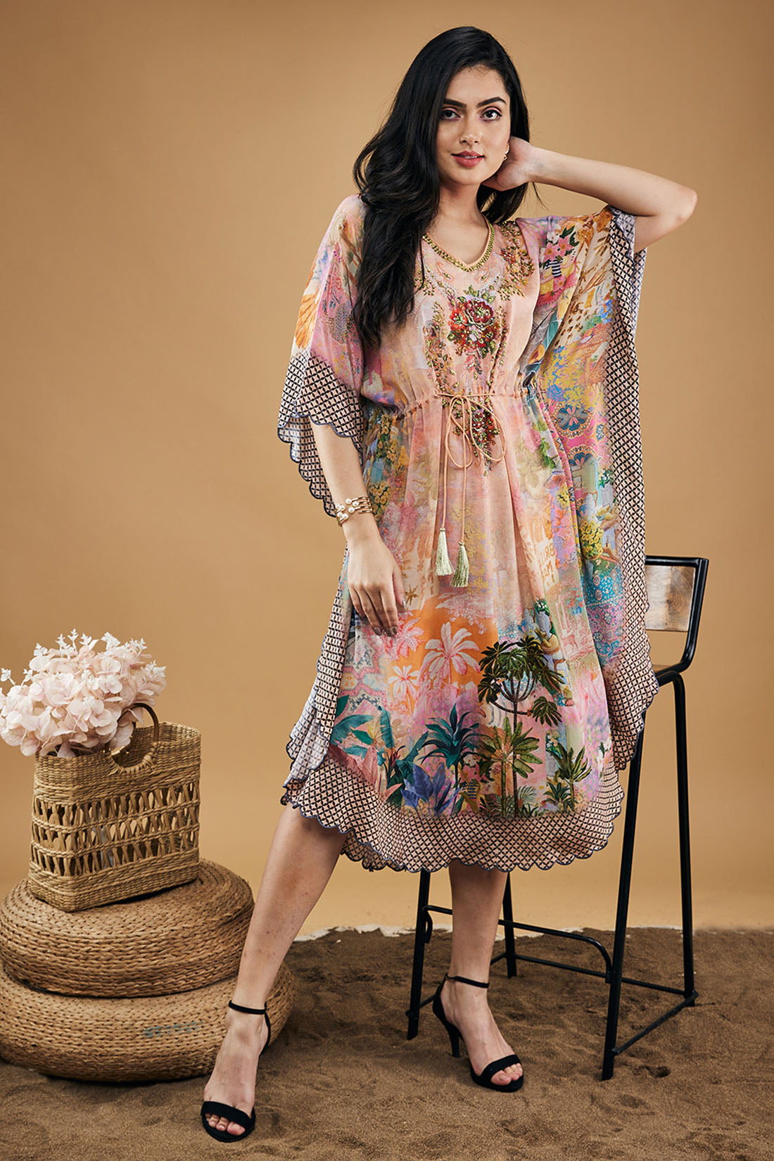 Tropical Twilight Embellished Kaftan Dress