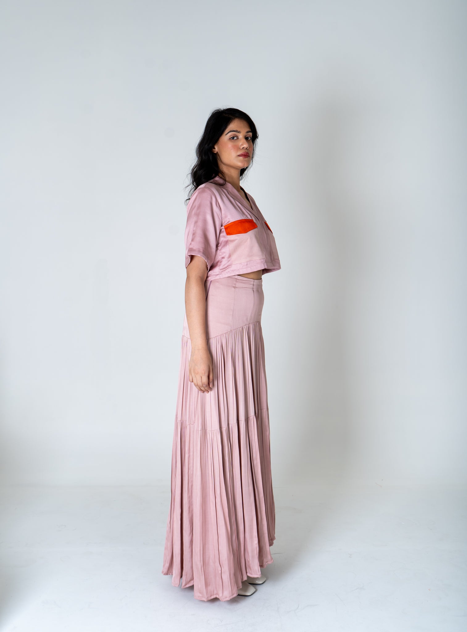 Pink-Orange Color-Blocked Maxi Skirt Set