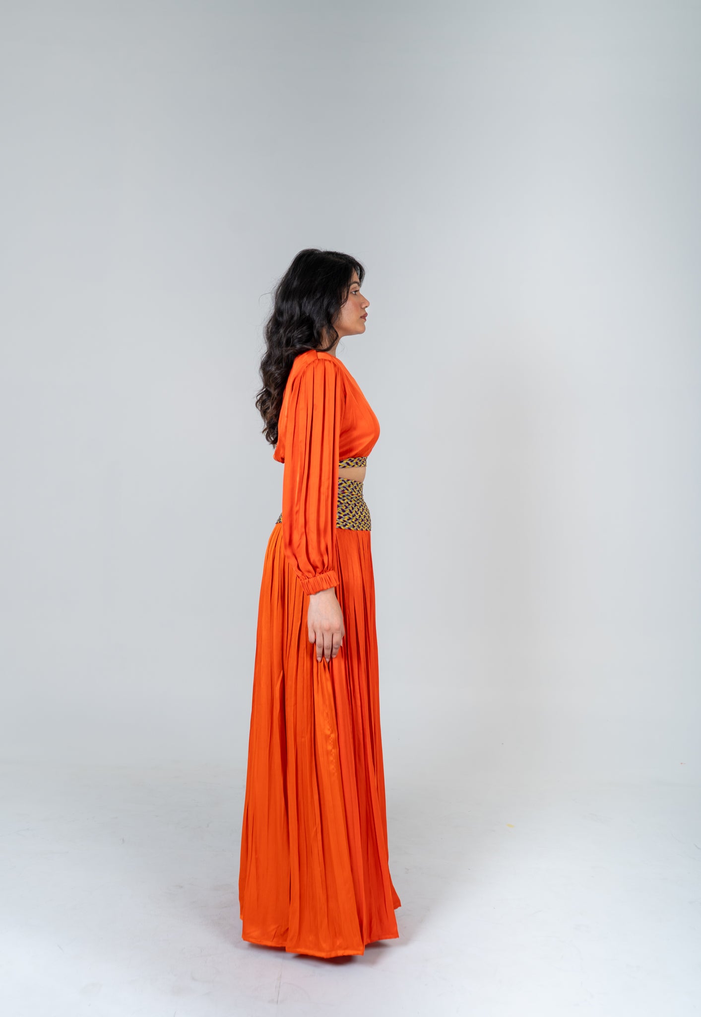 Orange Skirt Set with Color-Blocked Braids