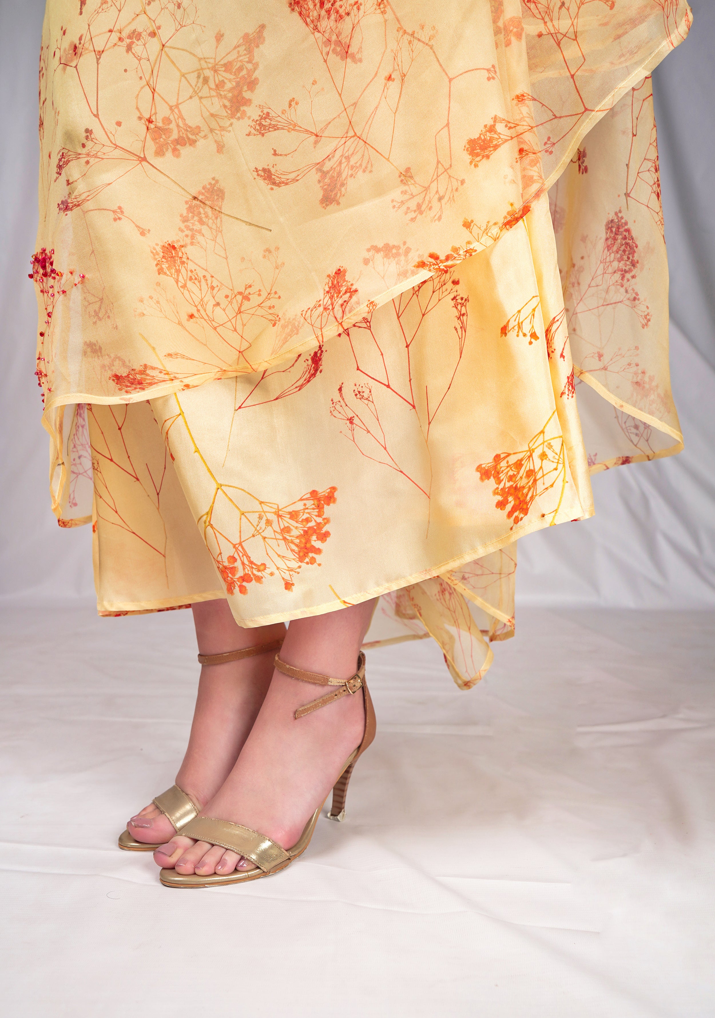 Yellow long dress with shibori print and embroidery details