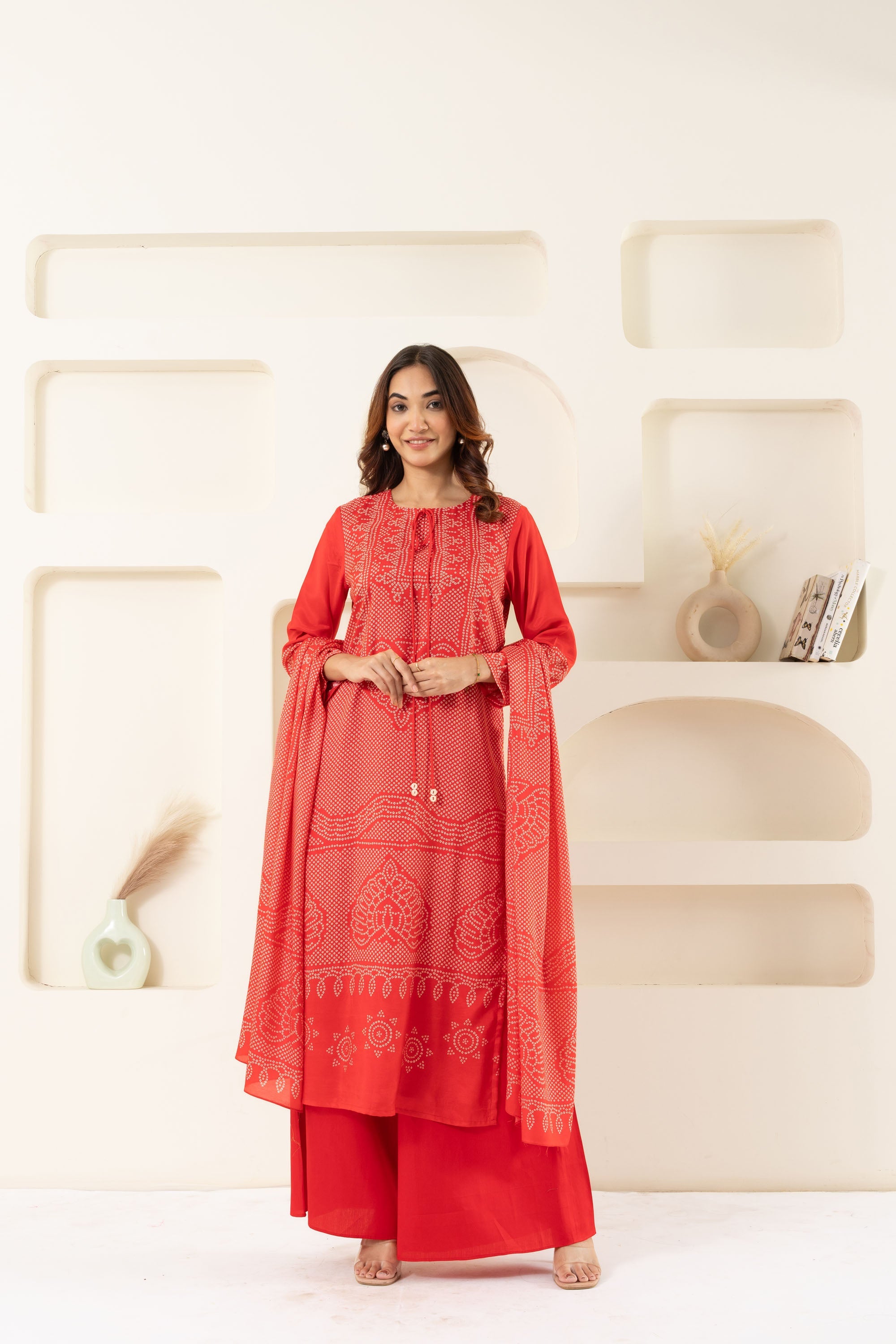 RED BANDHANI KURTA SET