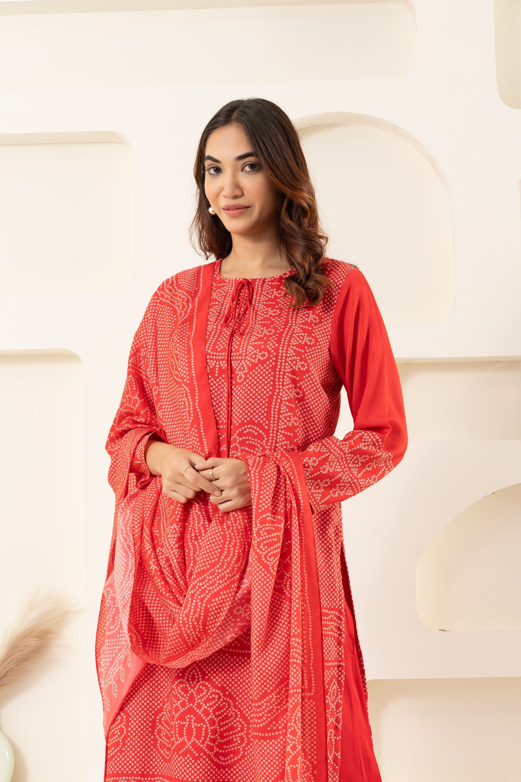 RED BANDHANI KURTA SET