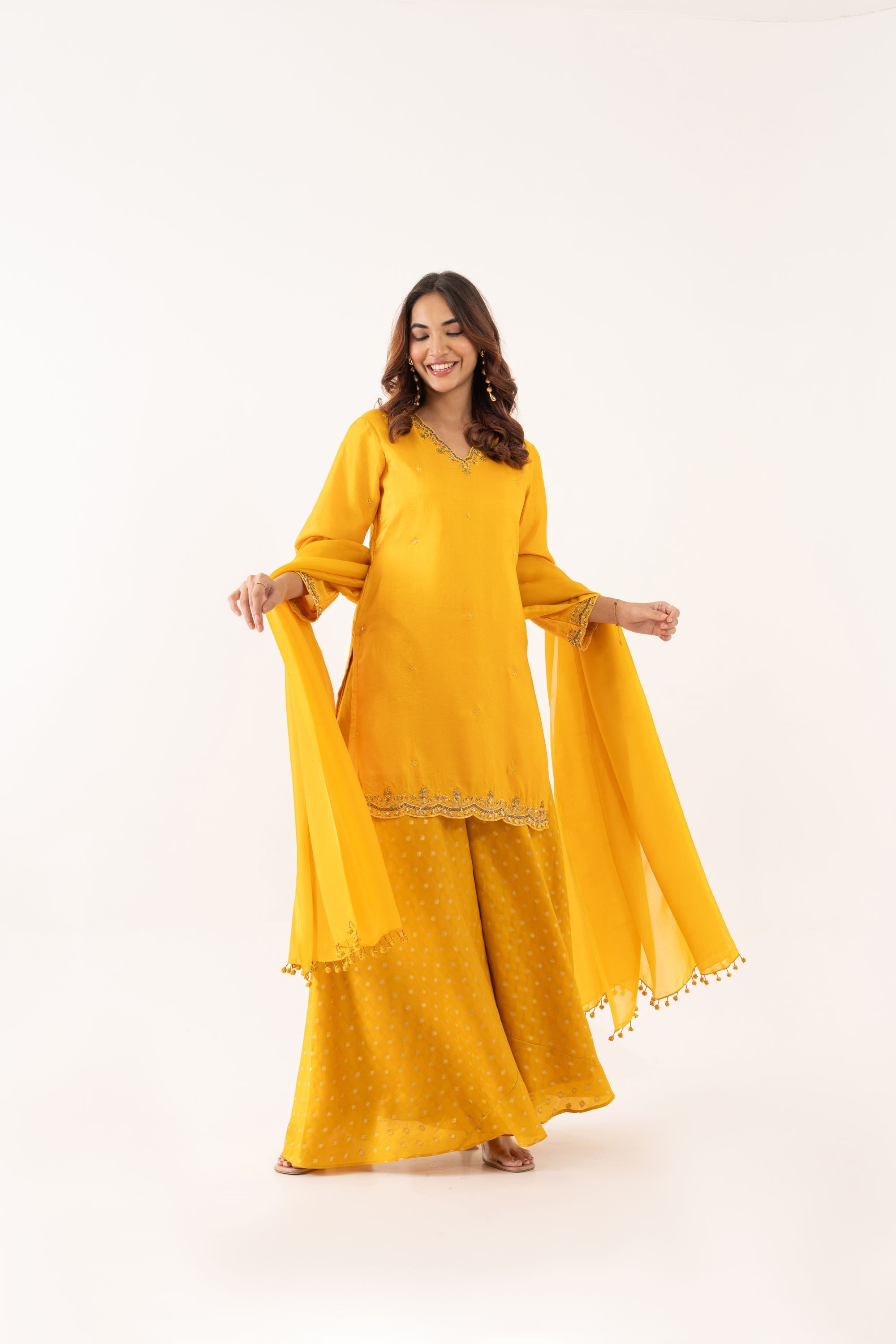 YELLOW BOOTI SILK KURTA SET