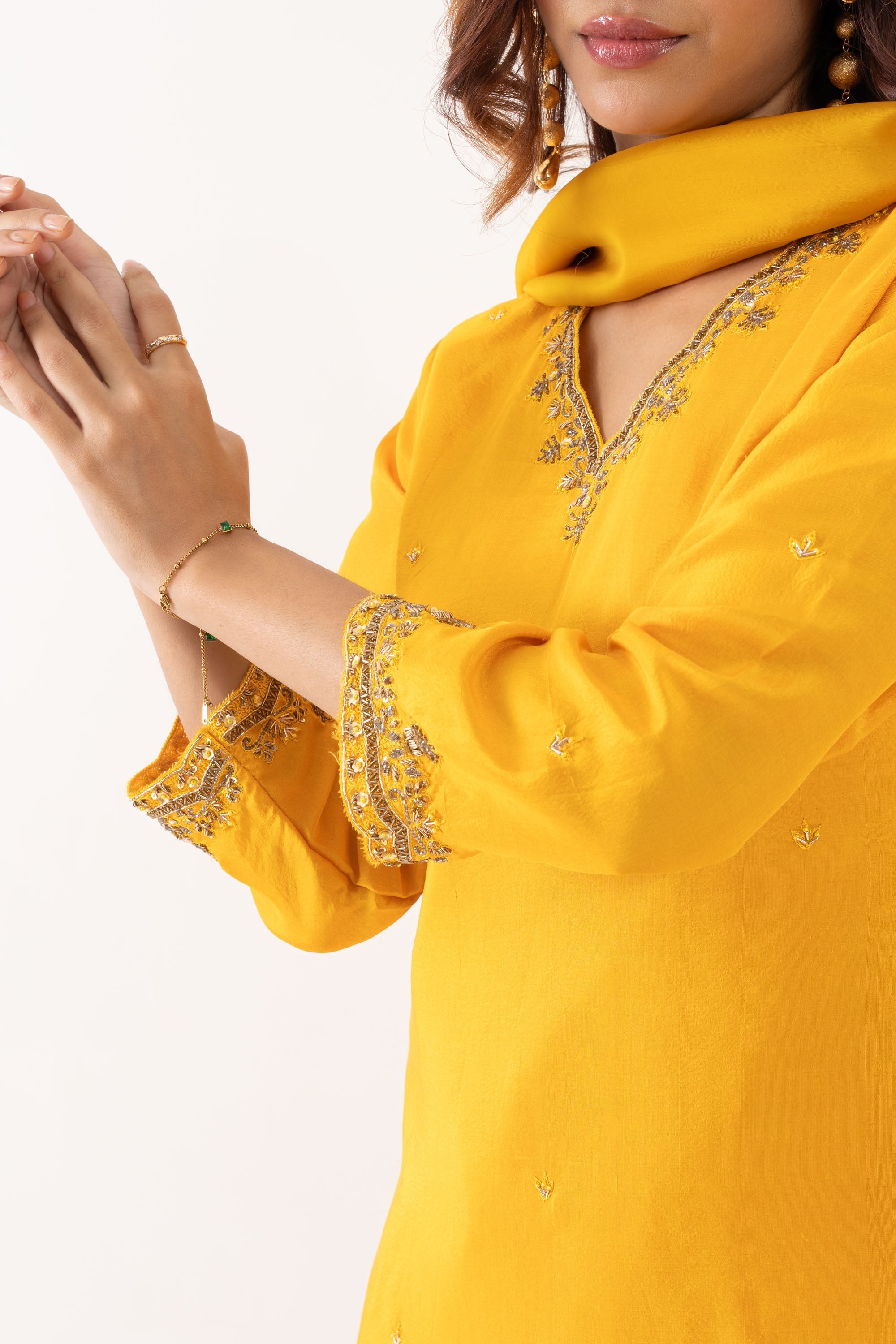 YELLOW BOOTI SILK KURTA SET