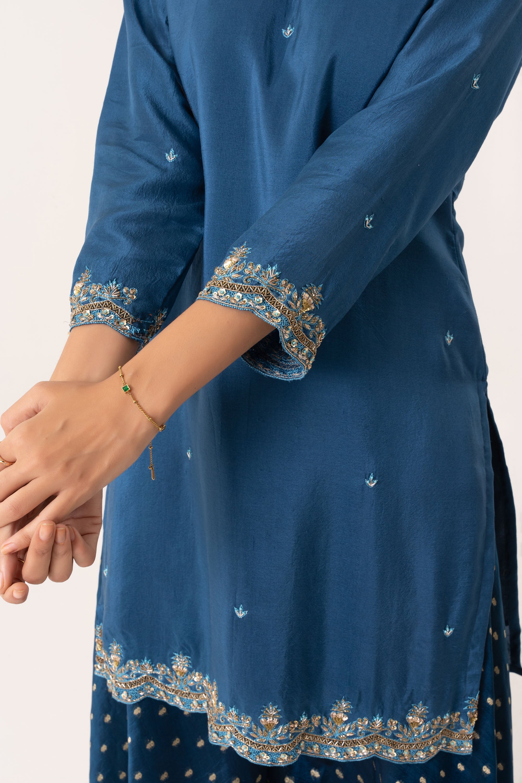 BLUE BOOTI SILK KURTA SET