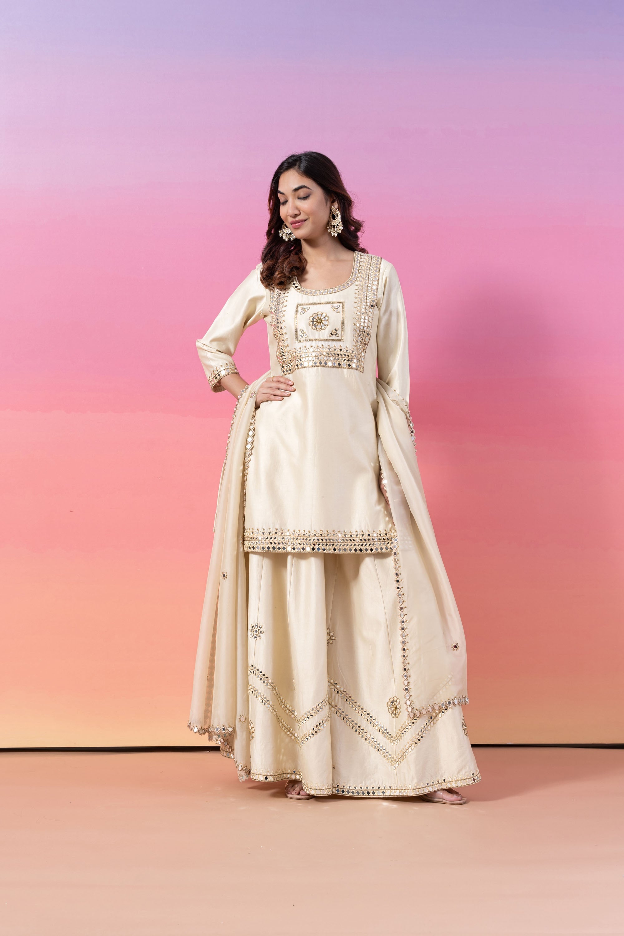 CREAM MIRROR WORK KURTA & FLARED BOTTOM SET