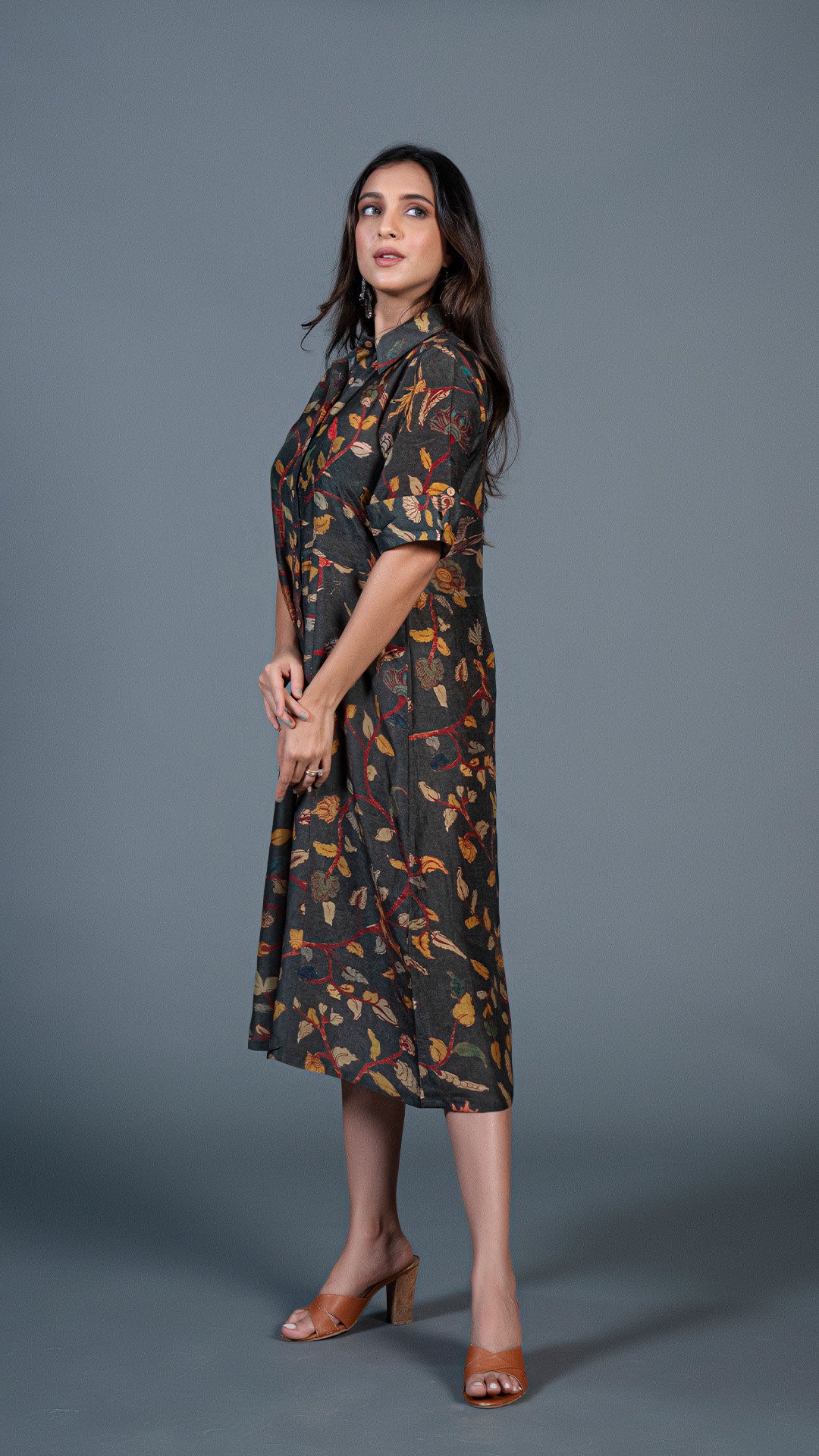 DARK GREEN KALAMKARI COTTON SILK SHIRT DRESS