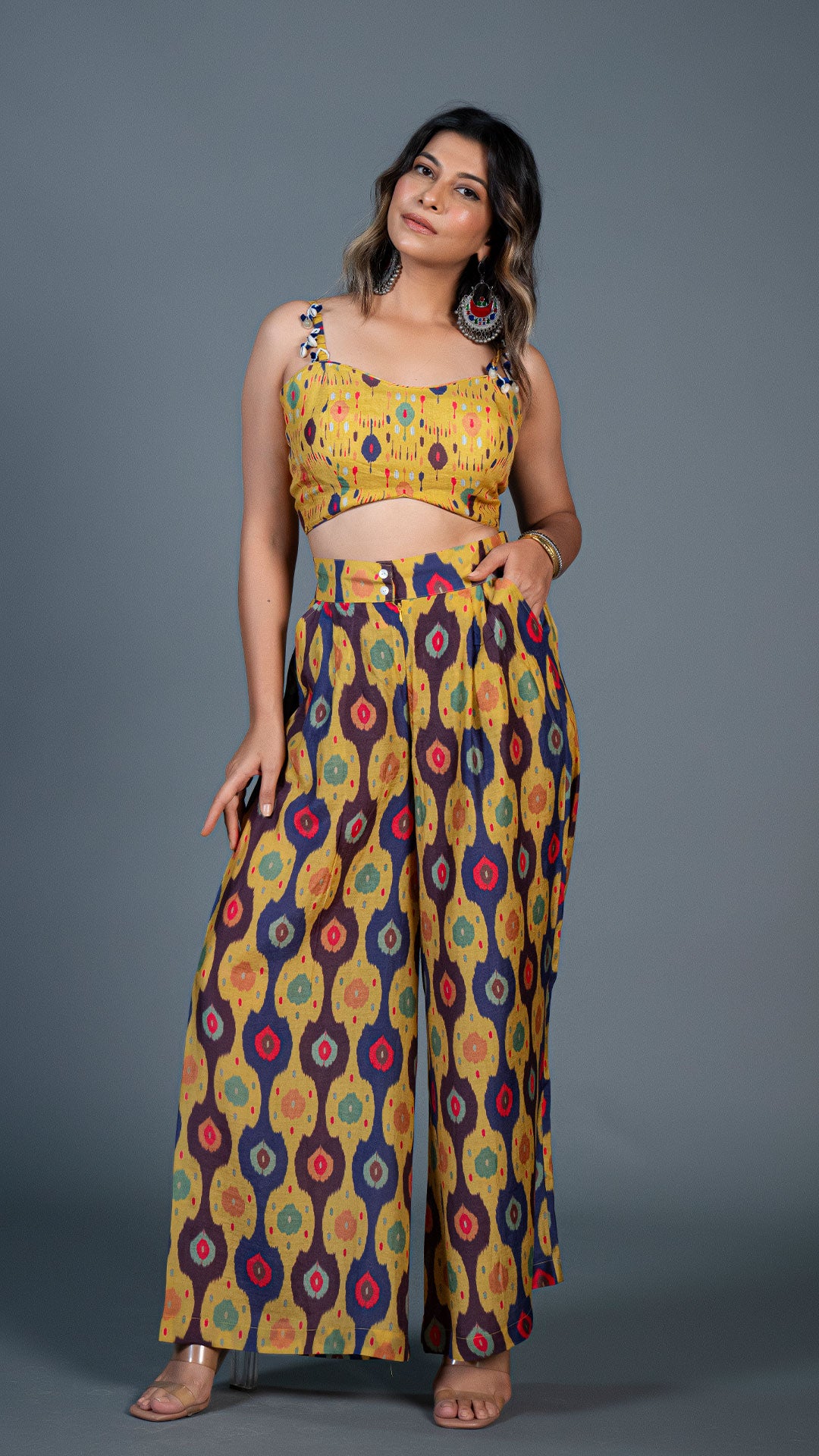 YELLOW IKKAT PRINT PLEATED PANTS IN SILK + SILK EMBELLISHED CROP TOP