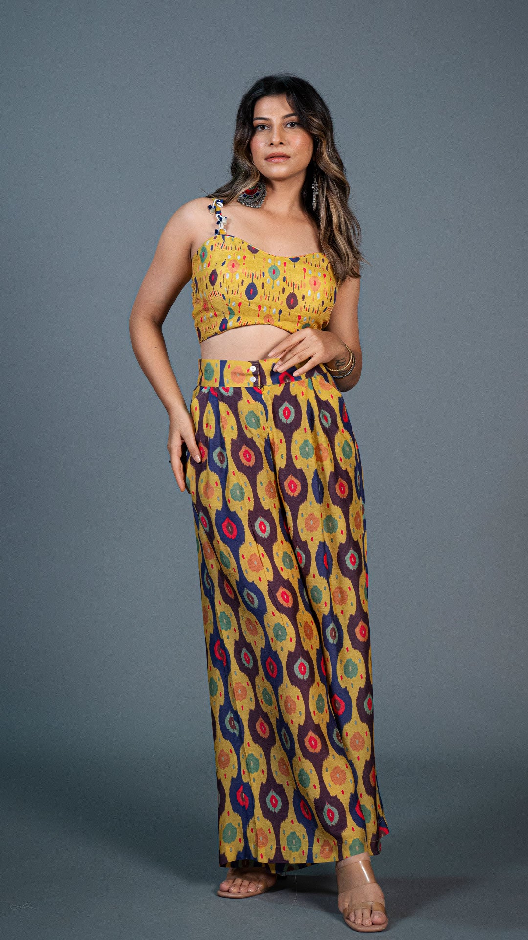 YELLOW IKKAT PRINT PLEATED PANTS IN SILK + SILK EMBELLISHED CROP TOP