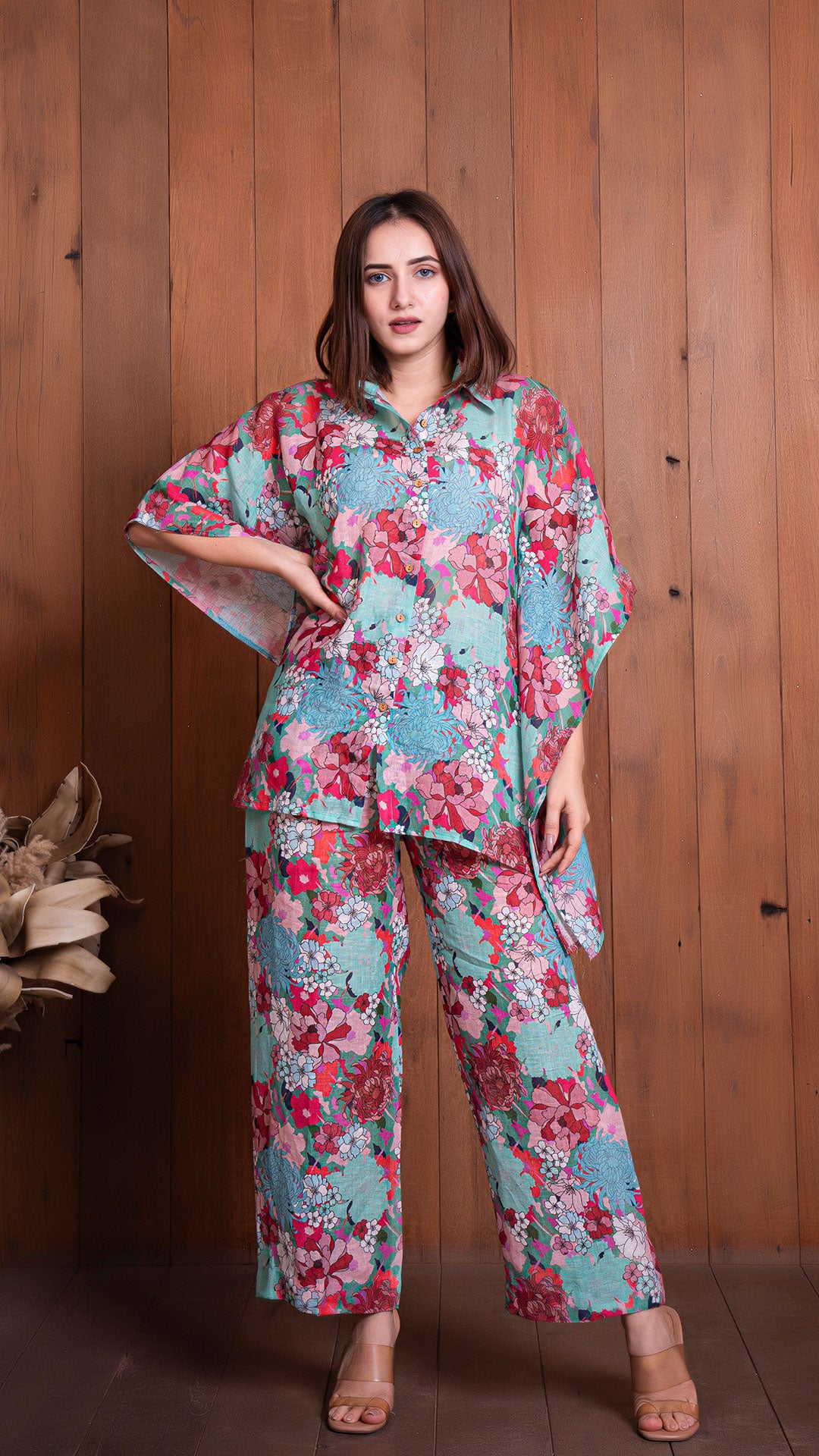 FLORAL ILLUSION LINEN KAFTAN STYLE CO-ORD SET