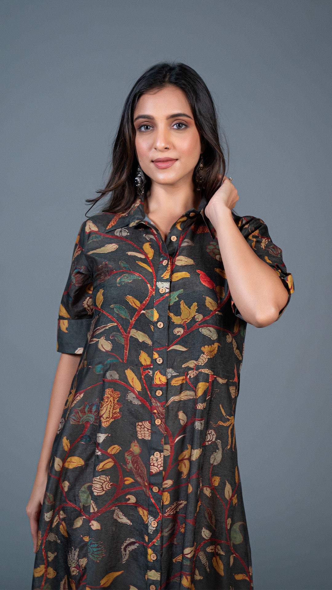 DARK GREEN KALAMKARI COTTON SILK SHIRT DRESS