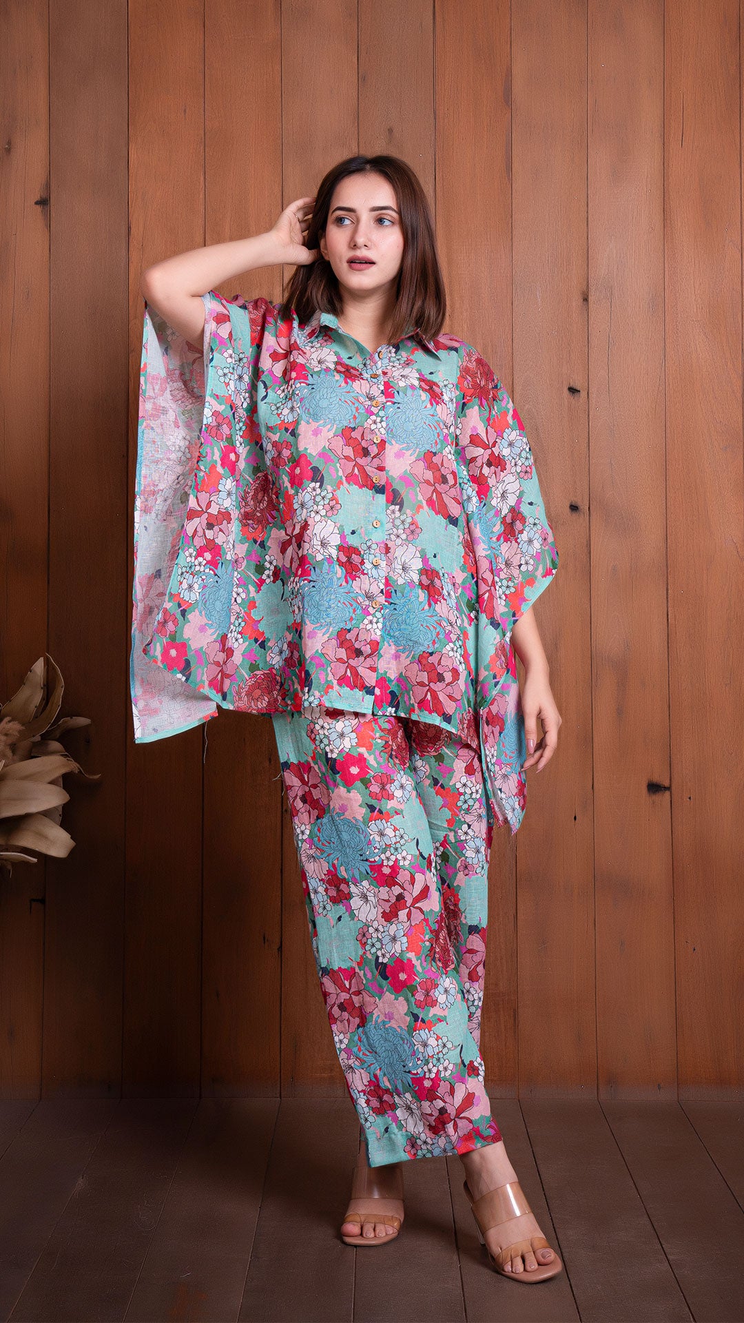 FLORAL ILLUSION LINEN KAFTAN STYLE CO-ORD SET