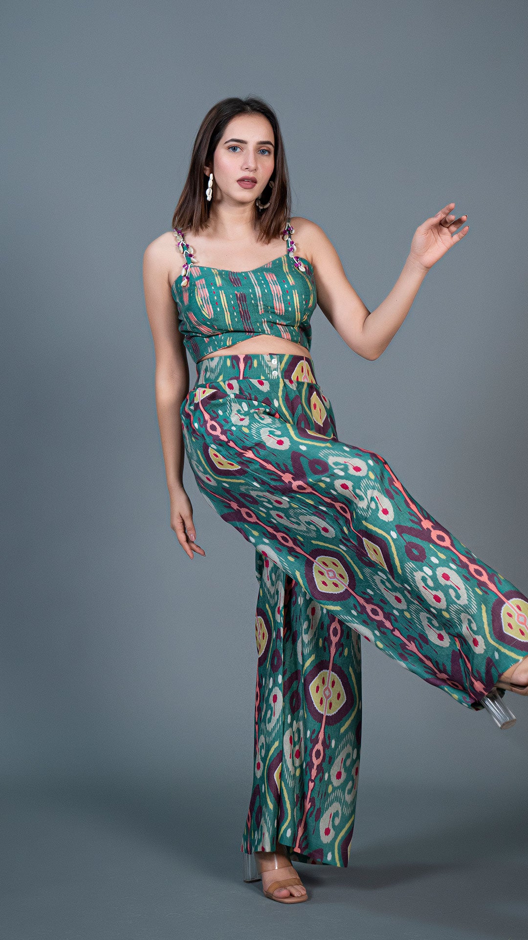 GREEN IKKAT PRINT PLEATED PANTS IN SILK + SILK EMBELLISHED CROP TOP