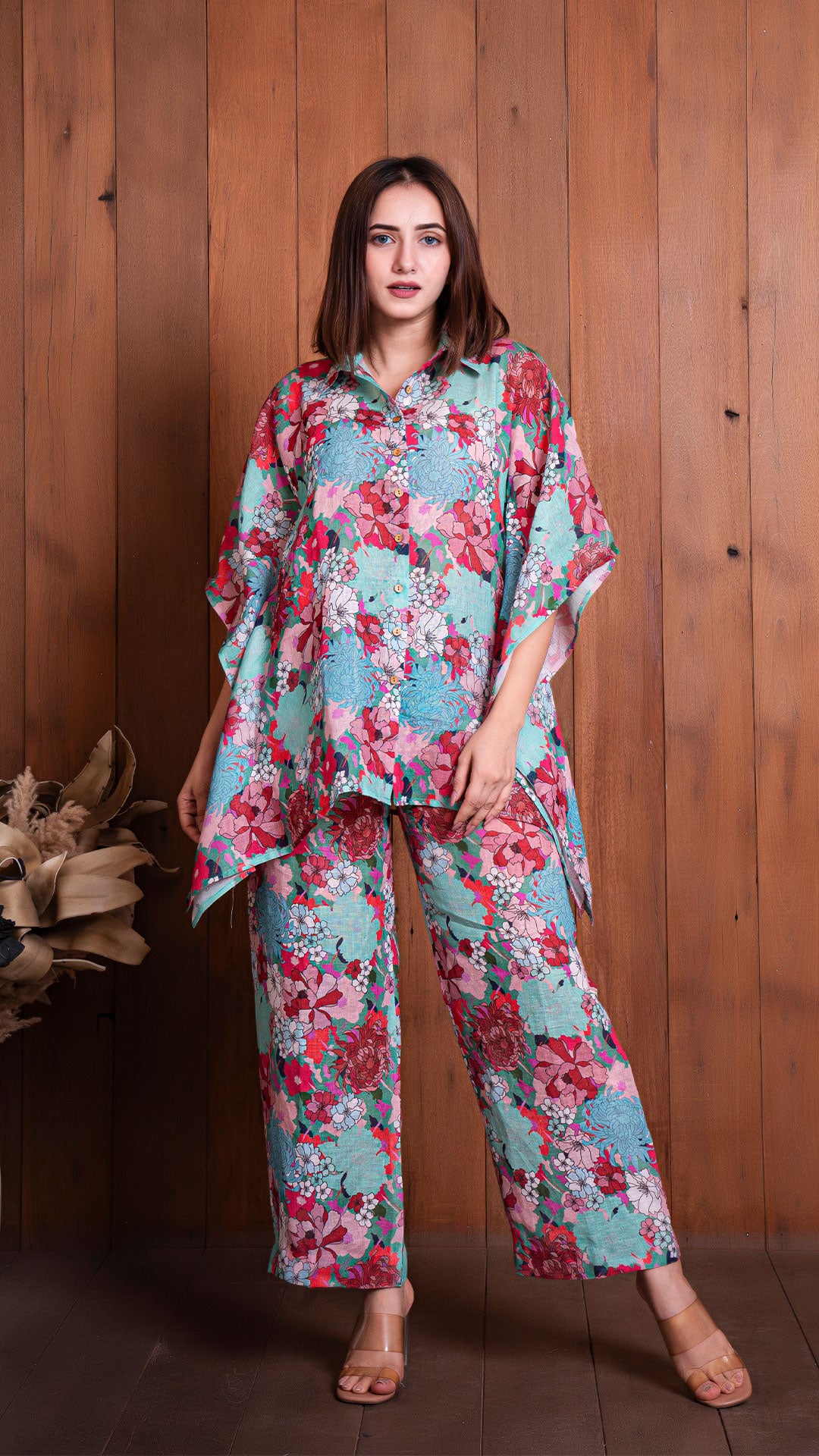 FLORAL ILLUSION LINEN KAFTAN STYLE CO-ORD SET