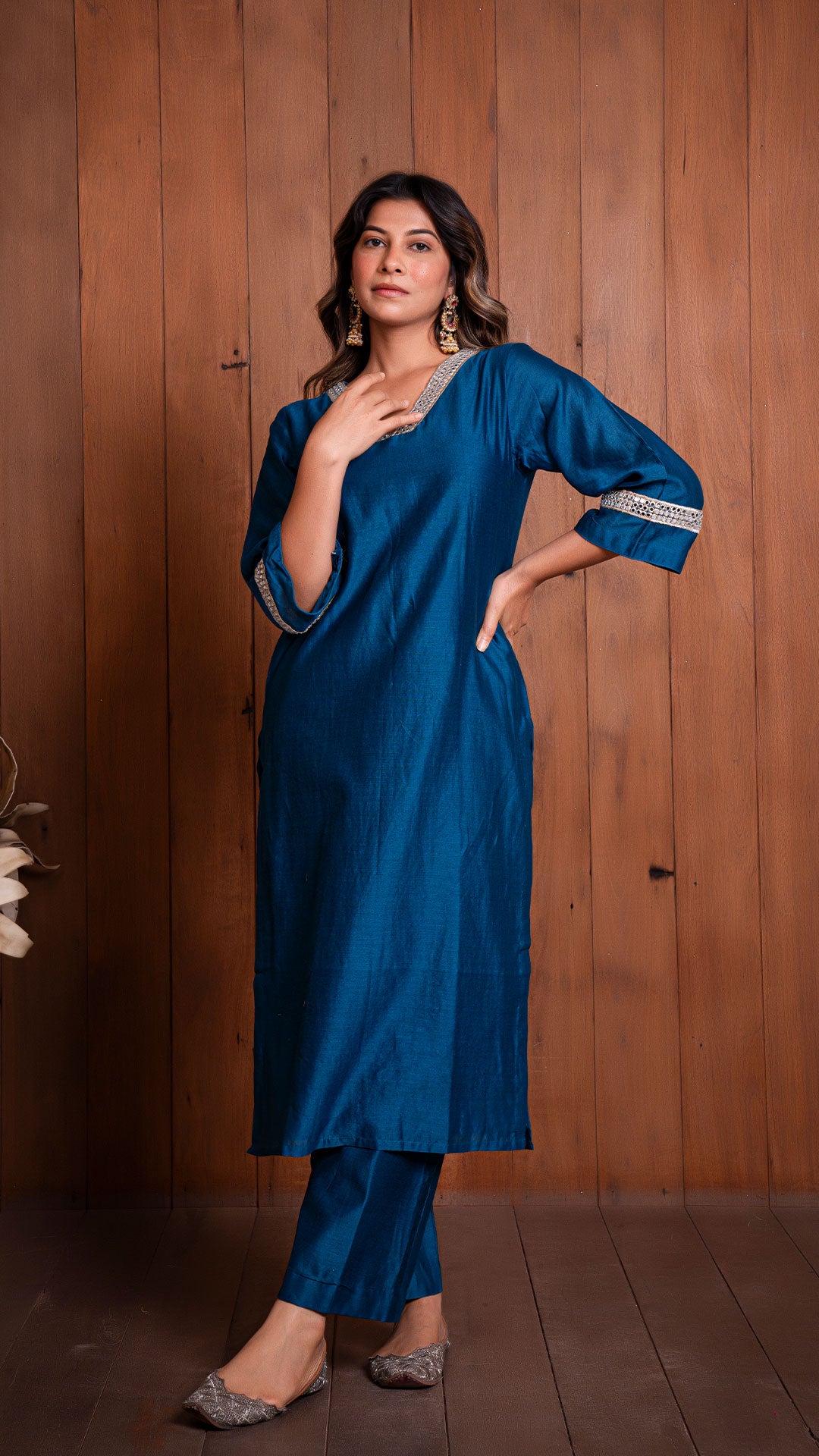 PEACOCK BLUE CHANDERI KURTA SET