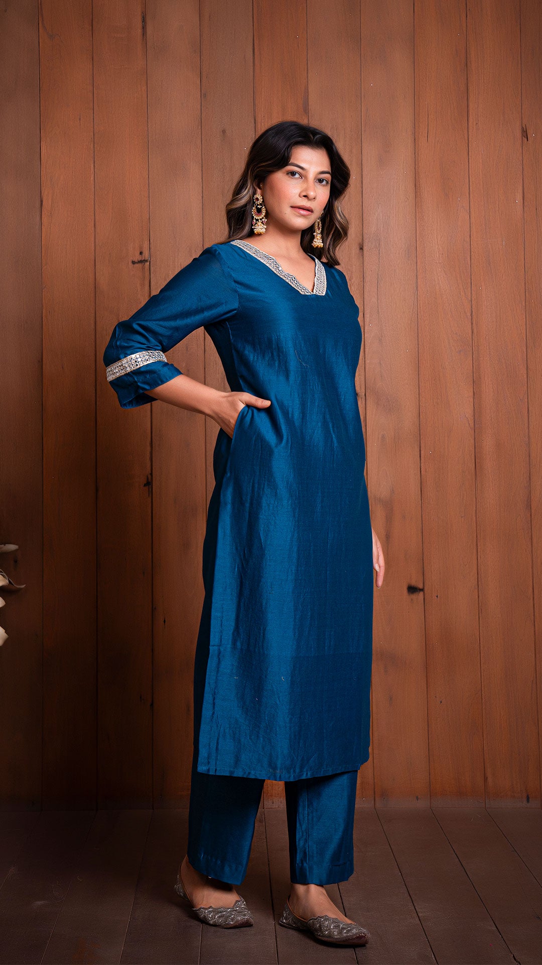 PEACOCK BLUE CHANDERI KURTA SET