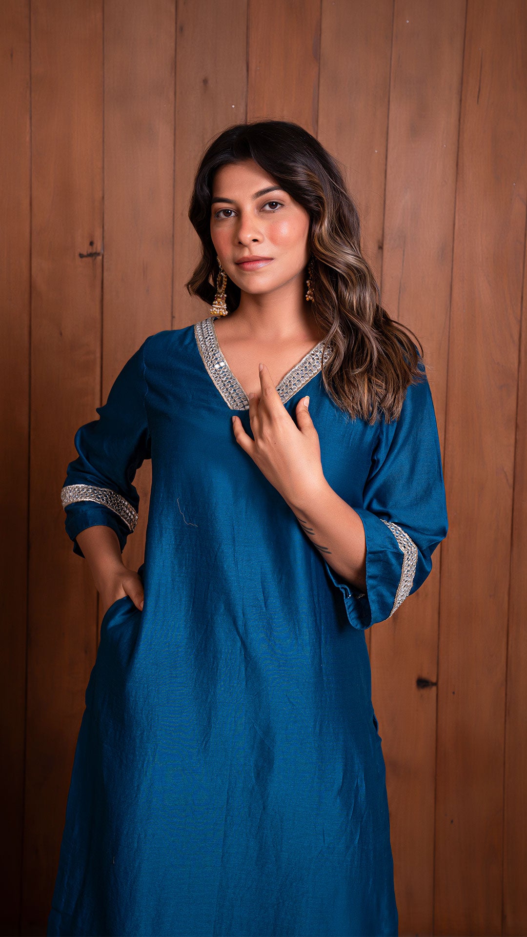 PEACOCK BLUE CHANDERI KURTA SET