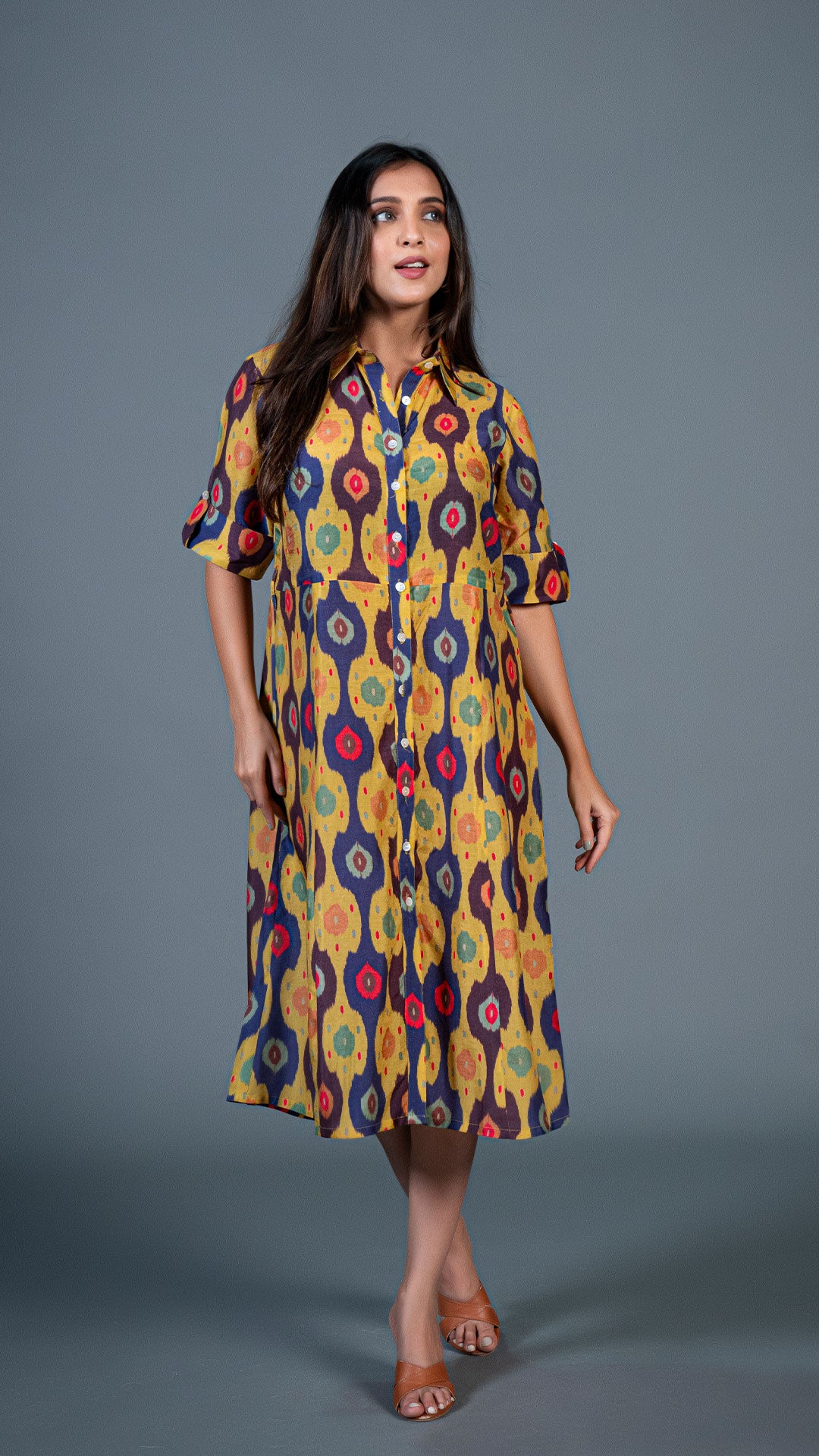 YELLOW IKKAT PRINT COTTON SILK SHIRT DRESS