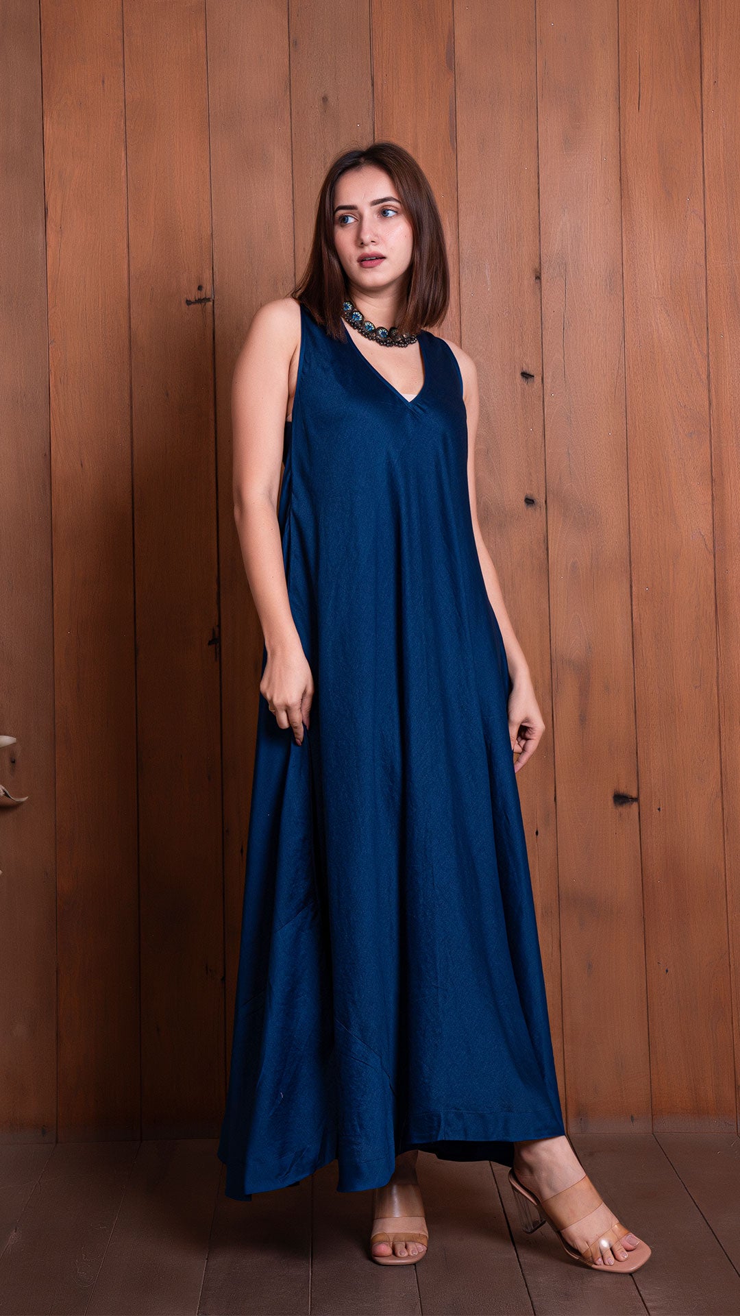 NAVY BLUE HALTER NECK FLARED DRESS IN CHANDERI SILK