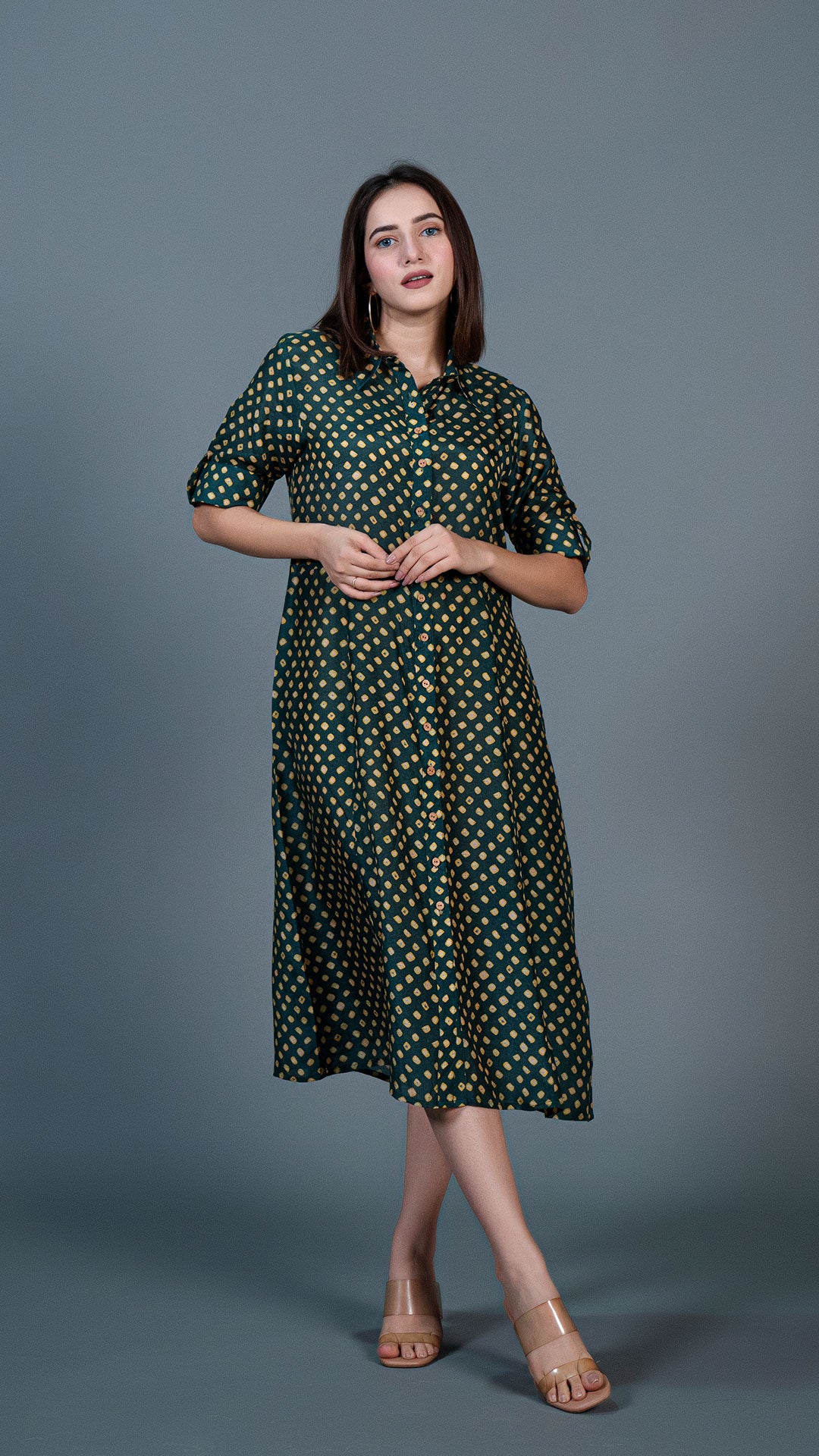 DARK GREEN BANDHANI PRINT COTTON SILK SHIRT DRESS