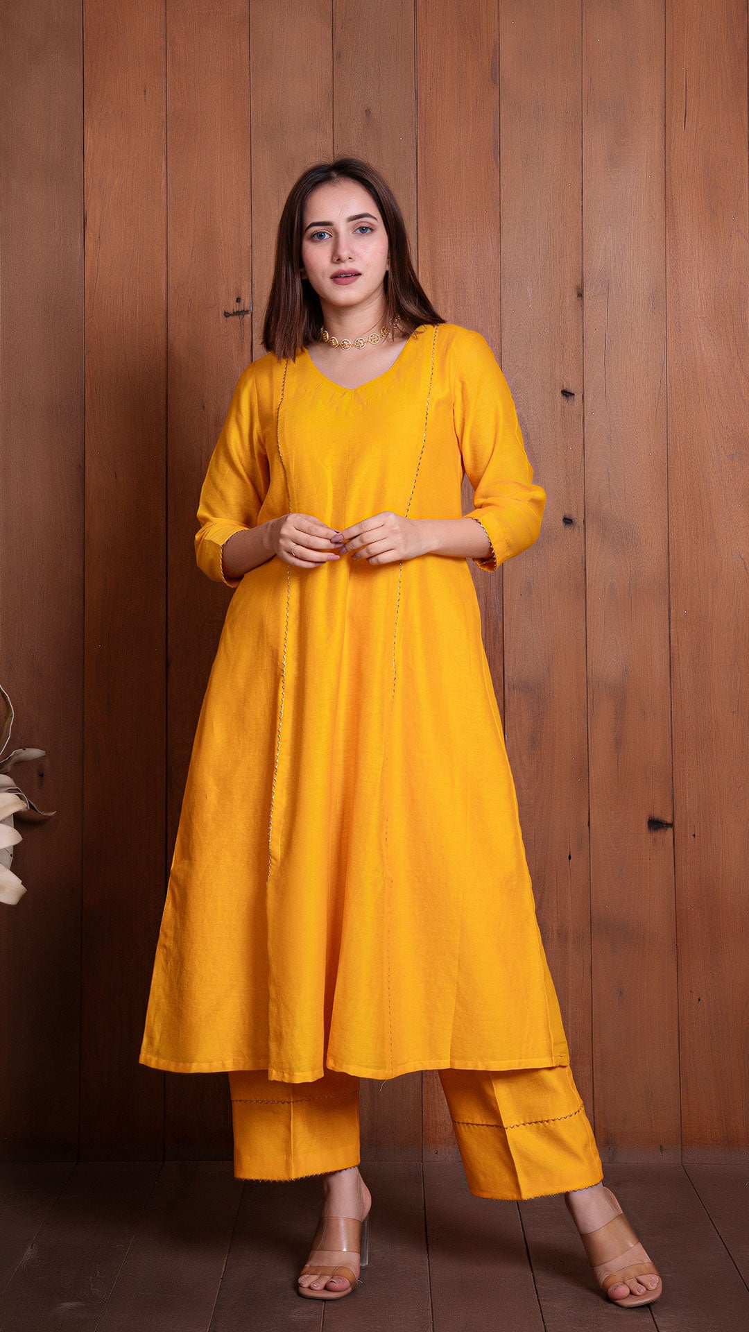 YELLOW CHANDERI KALI KURTA SET