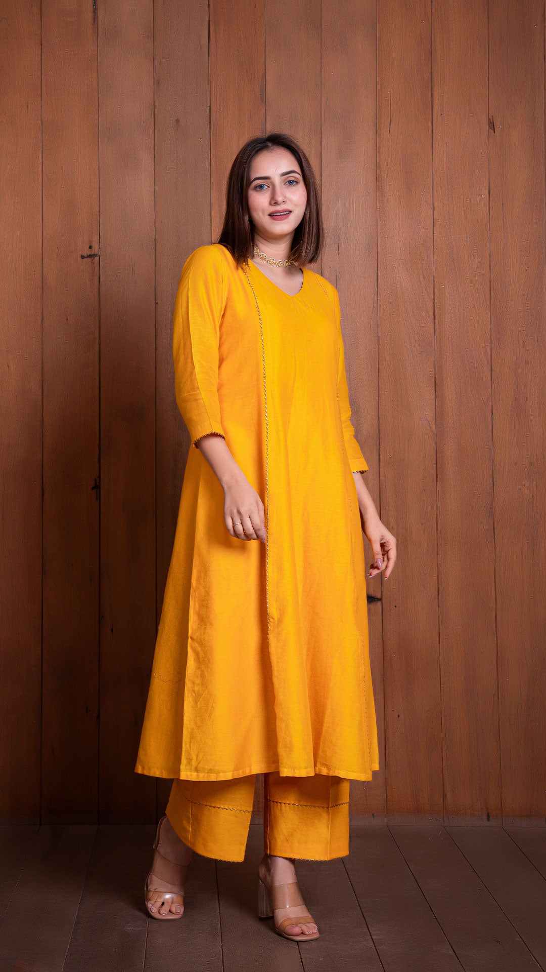 YELLOW CHANDERI KALI KURTA SET